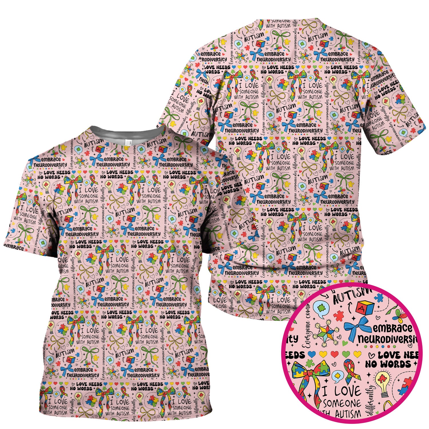 Autism Awareness Puzzle Ribbon Pattern Scrub Top, Breathable Fabrics Nursing Uniform