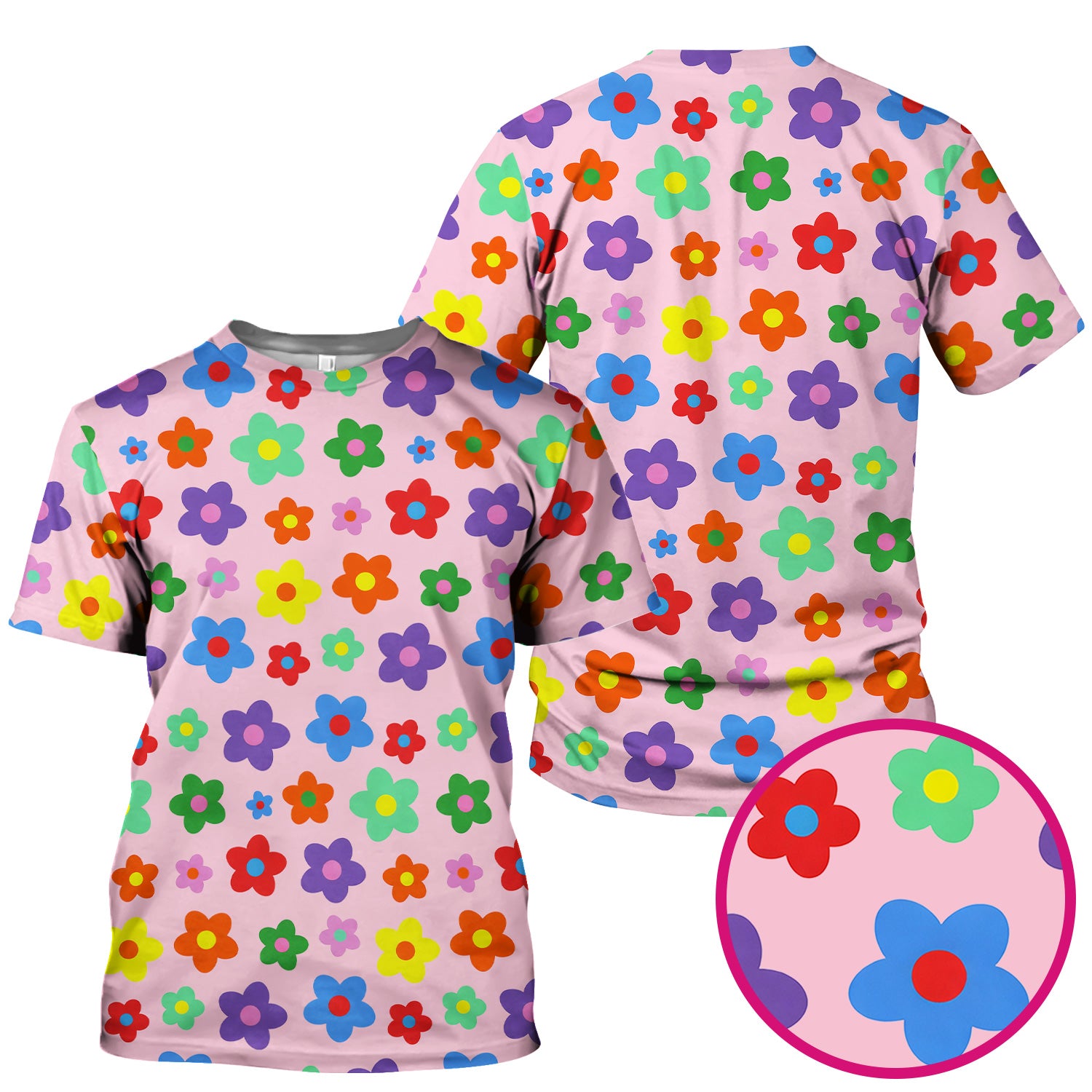 Colorful Retro Flower Pattern Print Scrub Top, Breathable Fabrics Nursing Uniform