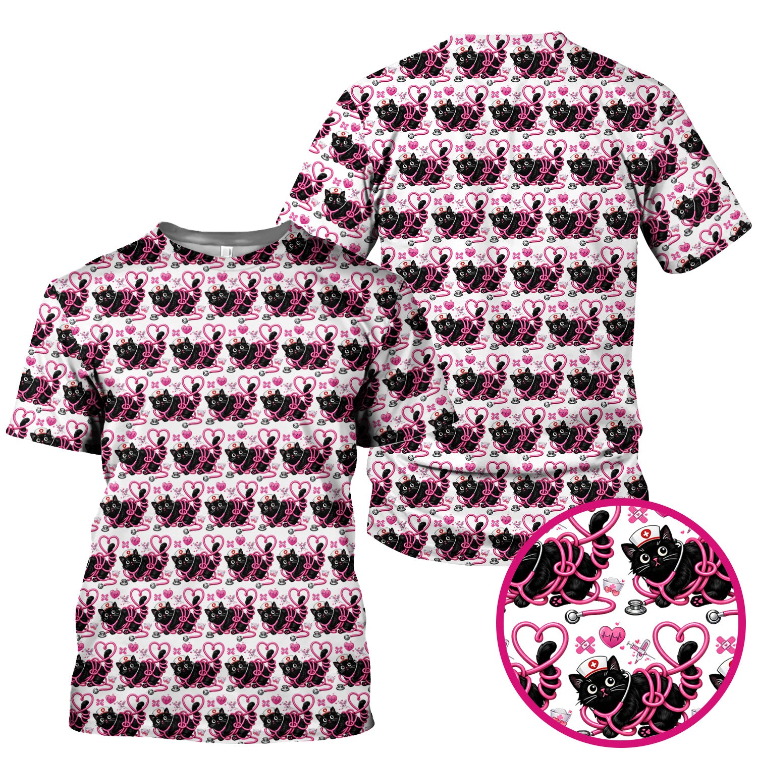 Valentine Cute Cat Nurse Heart Print Scrub Top, Comfortable Scrubs for Nurses