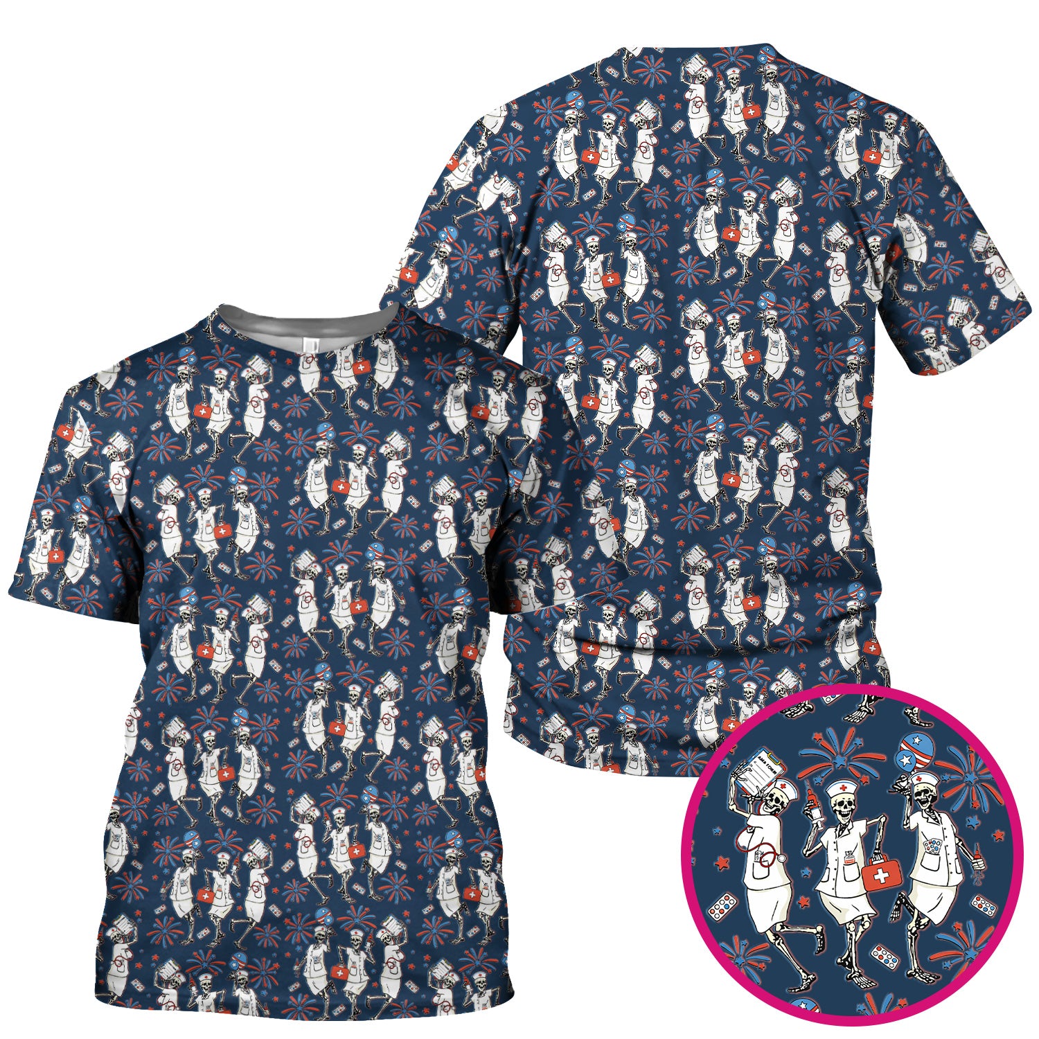 Funny Skeleton Nurse Patriotic Print Scrub Top, Halloween USA Fireworks Nursing Uniform for Women