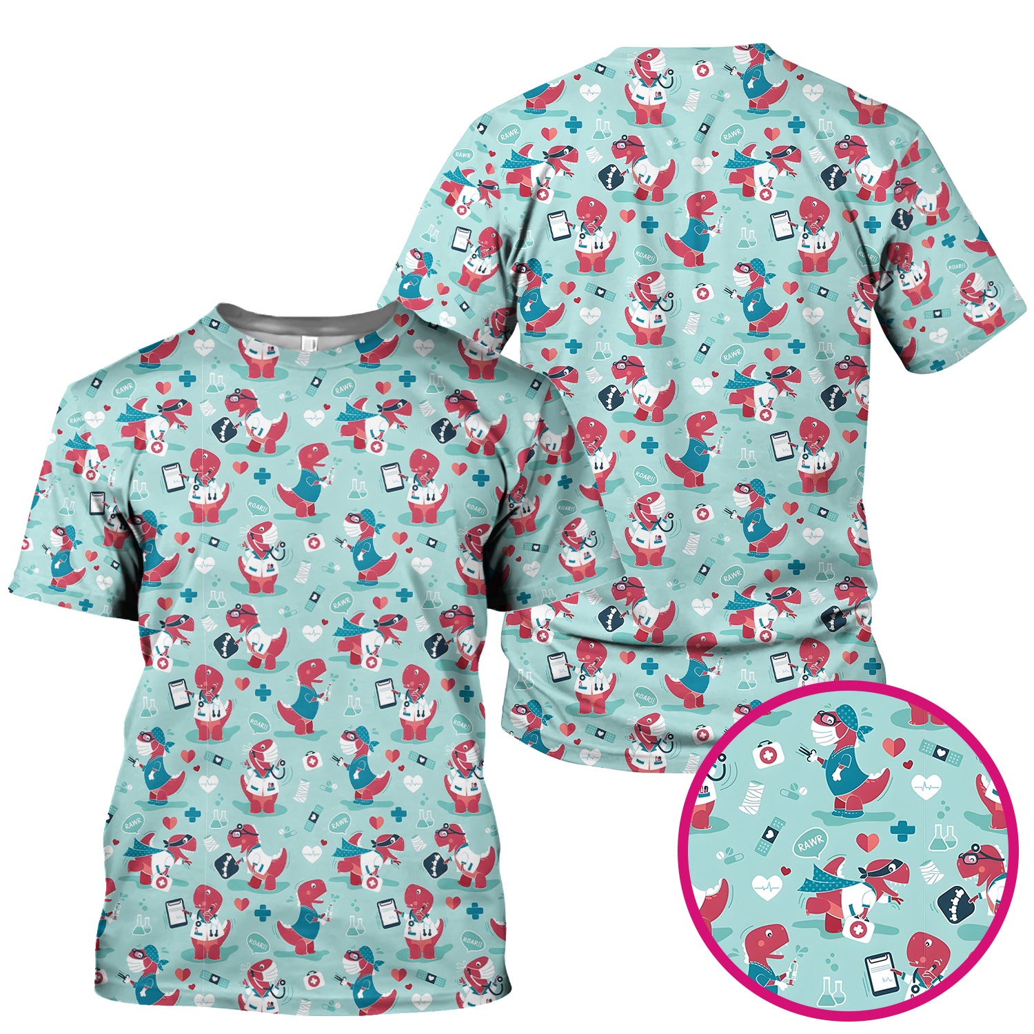 Cute Dinosaur Doctor Medical Pattern Scrub Top, Breathable Fabrics Nursing Uniform