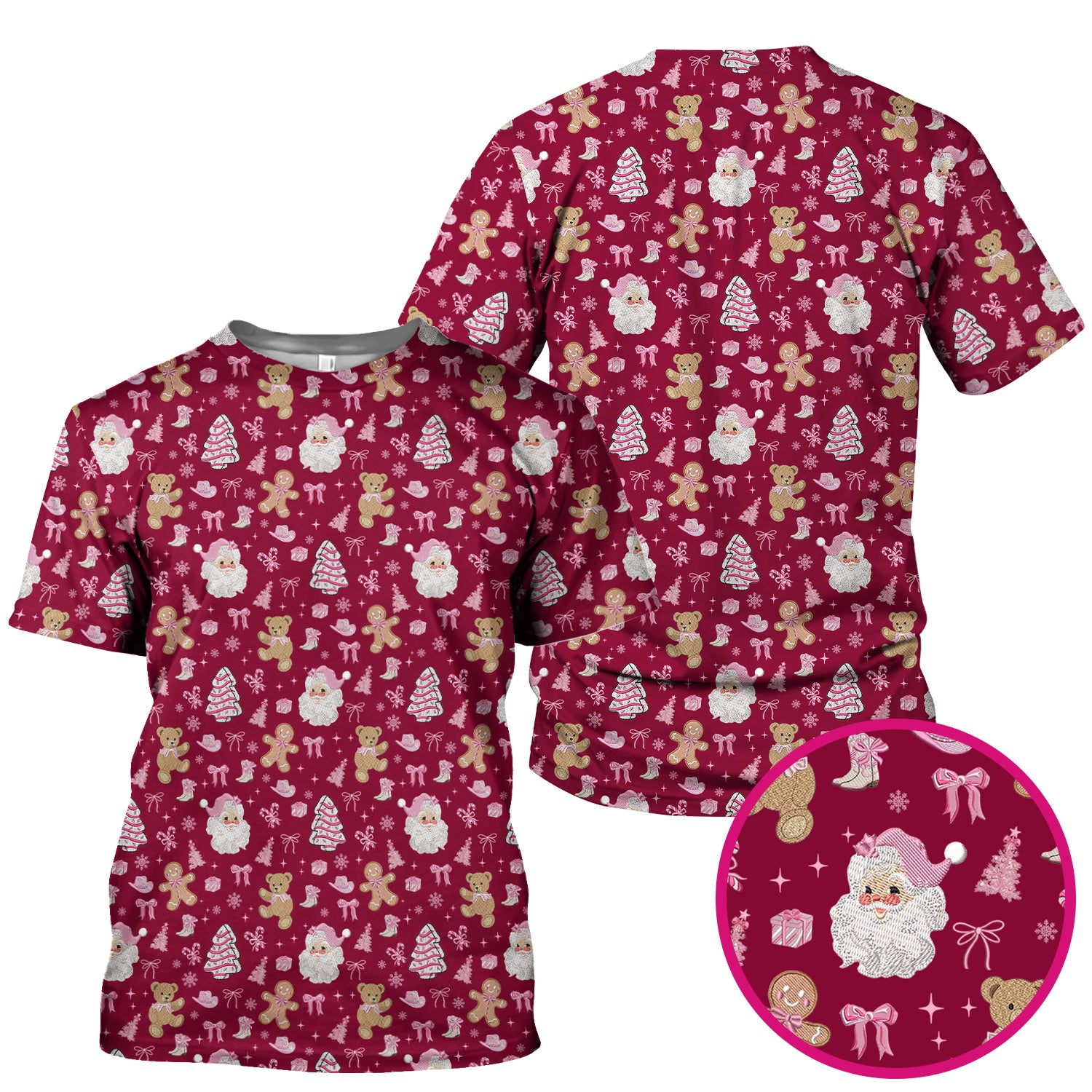 Pink Christmas Santa Gingerbread Scrub Top, Cute Holiday Medical Pattern Shirt, Breathable Fabrics Nursing Uniform