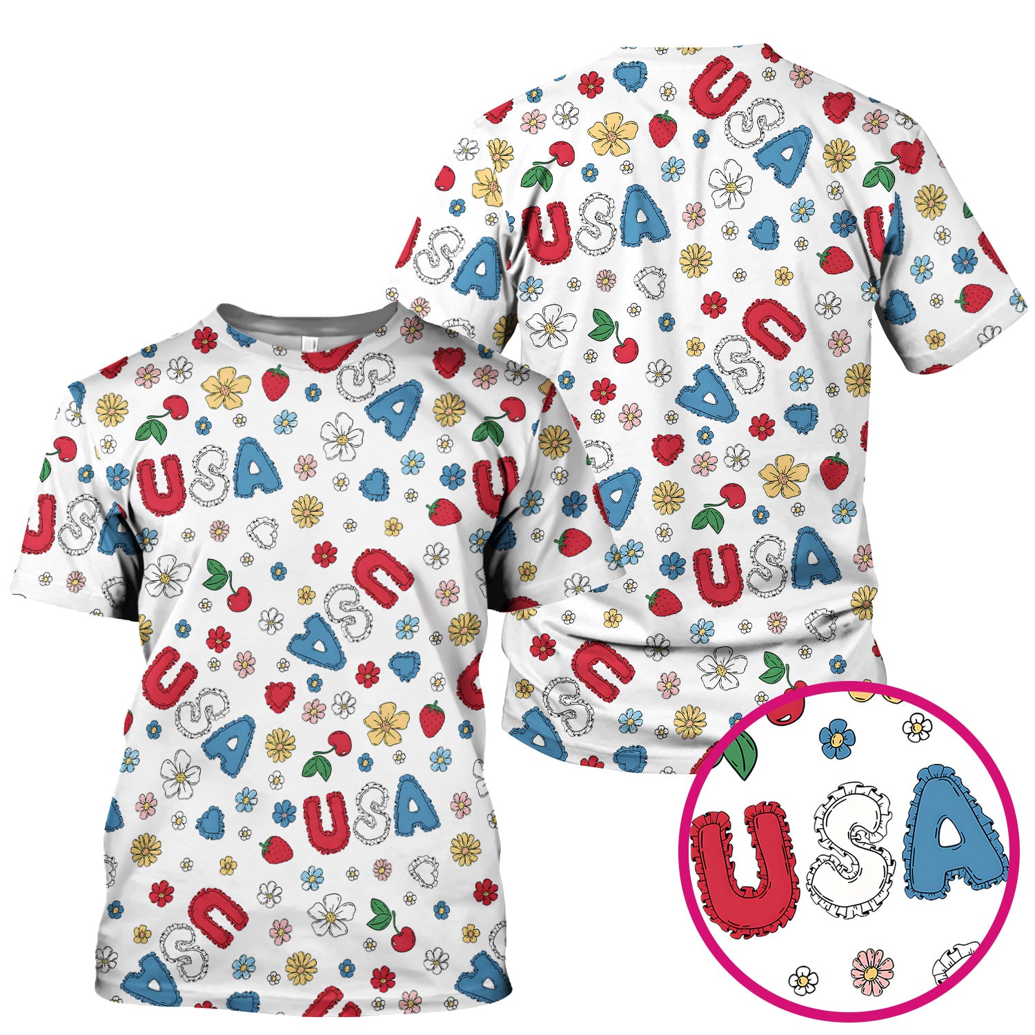 USA Cherry Strawberry Floral Patch Pattern Scrub Top, Comfortable Scrubs for Nurses