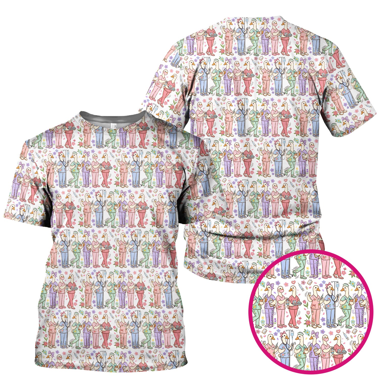 Goose Characters Floral Medical Team Uniform Pattern Scrub Top, Breathable Fabrics Nursing Uniform