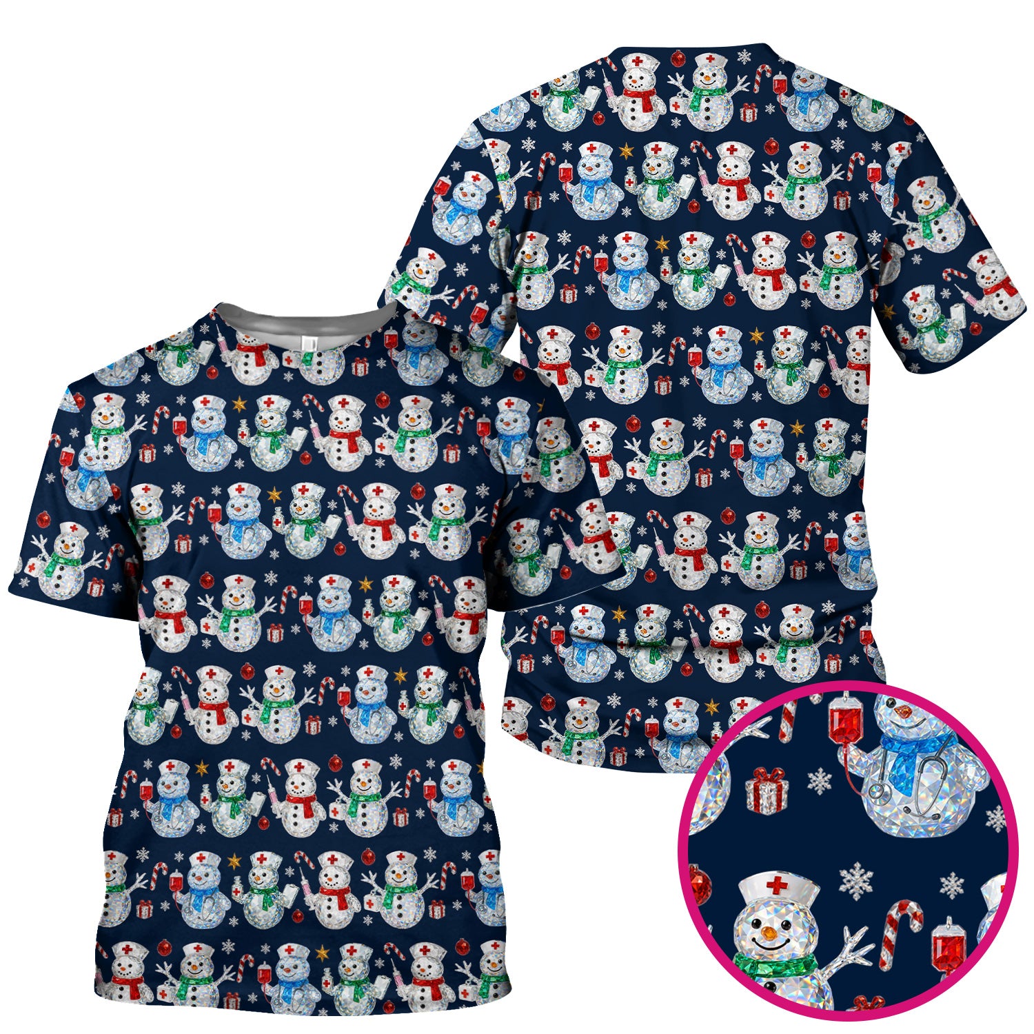 Nurse Snowman Christmas Scrub Top, Cute Holiday Medical Pattern Shirt For Women, Winter Snowflake Nursing Uniform