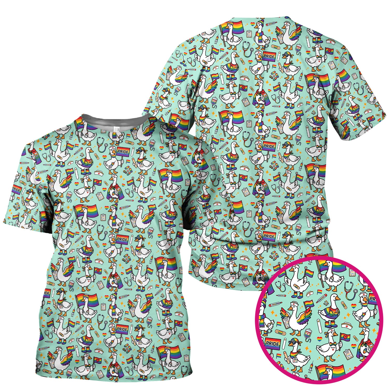 LGBT Pride Nurse Duck Pattern Scrub Top, Breathable Fabrics Nursing Uniform