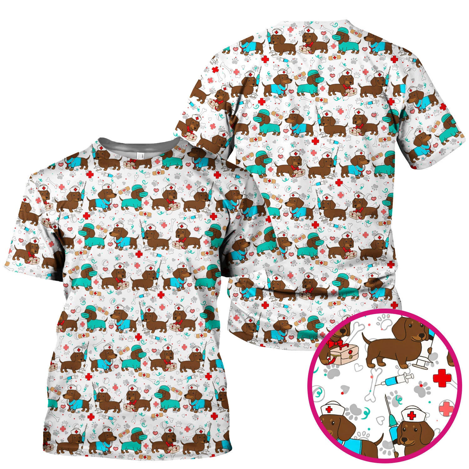 Cute Wiener Dog Dachshund Nurse Scrub Top, Funny Dachshund Dog Scrubs Shirt, Breathable Fabrics Nursing Uniform