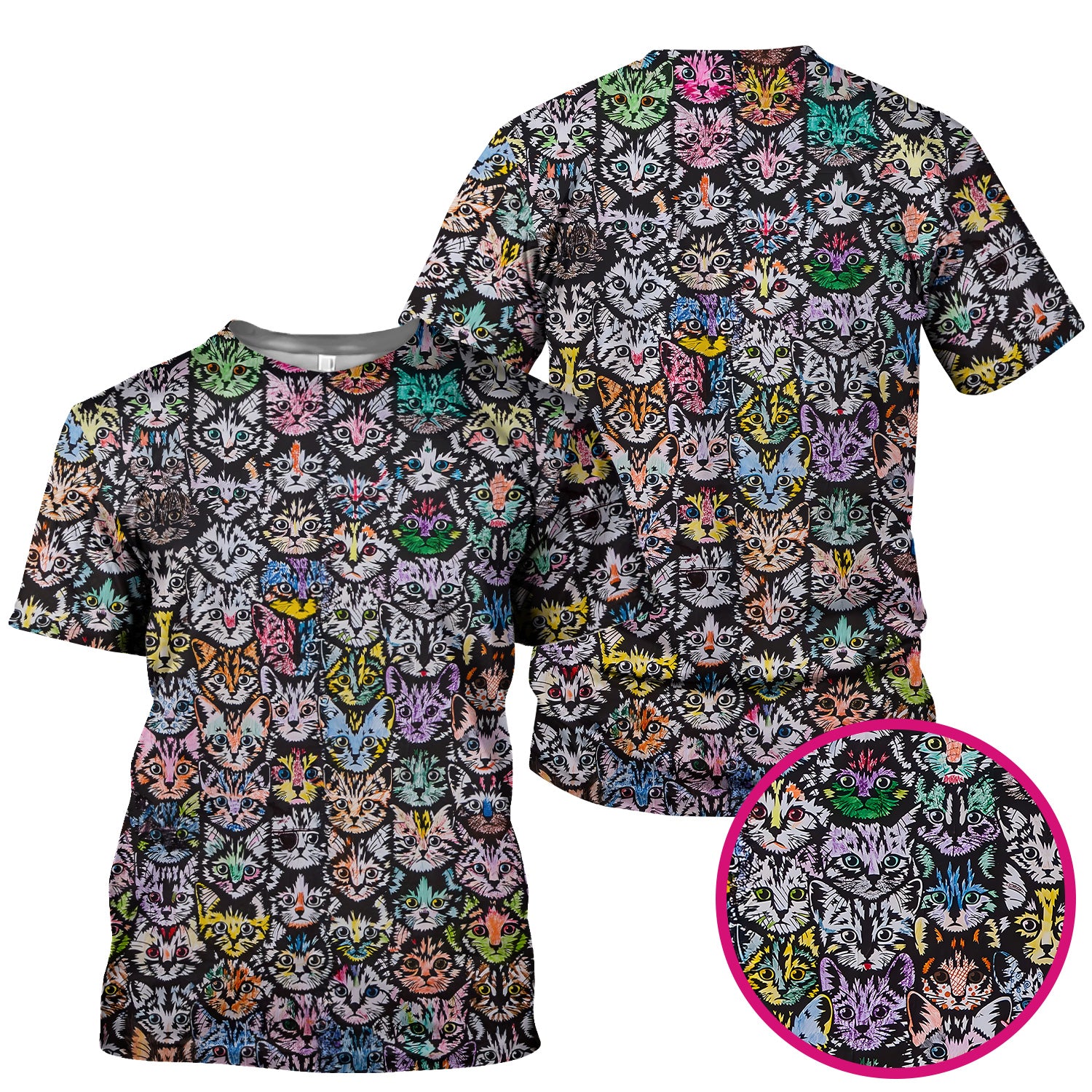 Colorful Cat Faces Pattern Scrub Top, Artistic Kitty Portrait Print, Breathable Fabrics Nursing Uniform