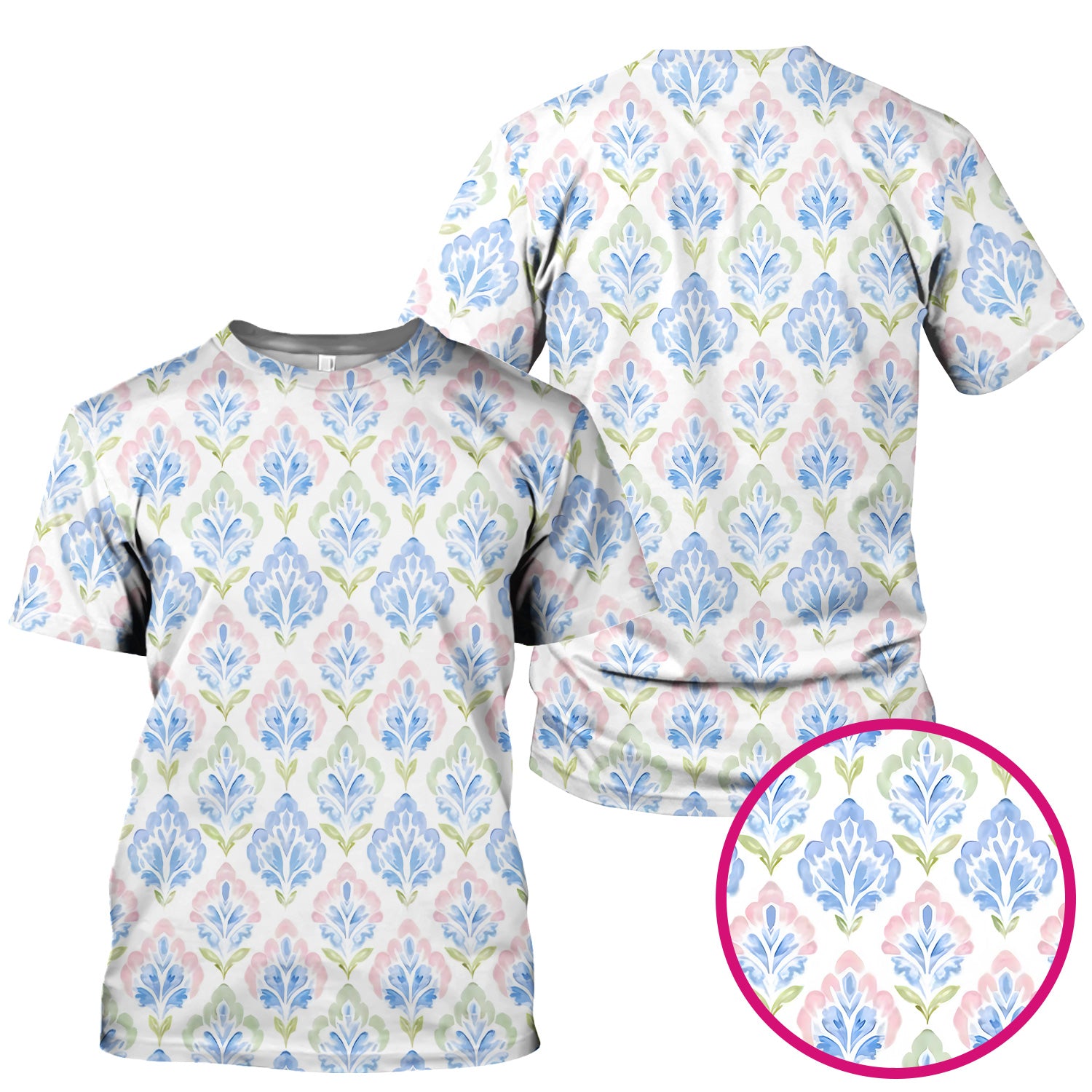 Blue Floral Damask Pattern Scrub Top, Breathable Fabrics Nursing Uniform