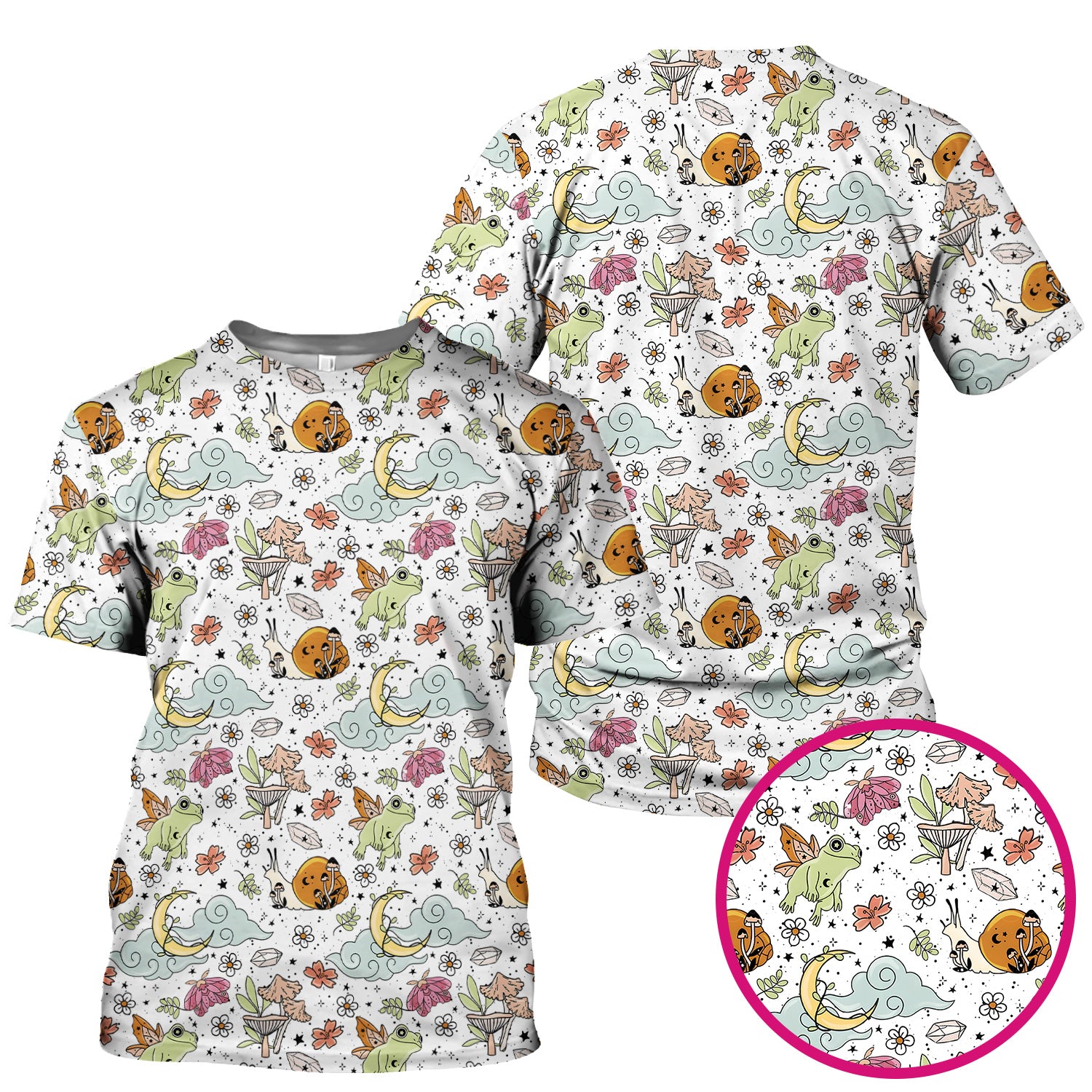 Whimsical Frog Moon Mushroom Pattern Scrub Top, Fantasy Nature Print, Breathable Fabrics Nursing Uniform
