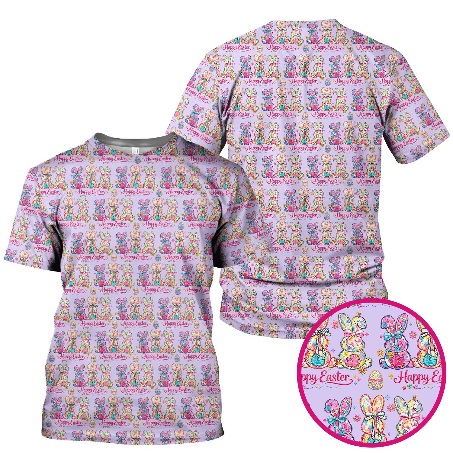 Pink Happy Easter Bunny Pattern Scrub Top, Comfortable Scrubs for Nurses