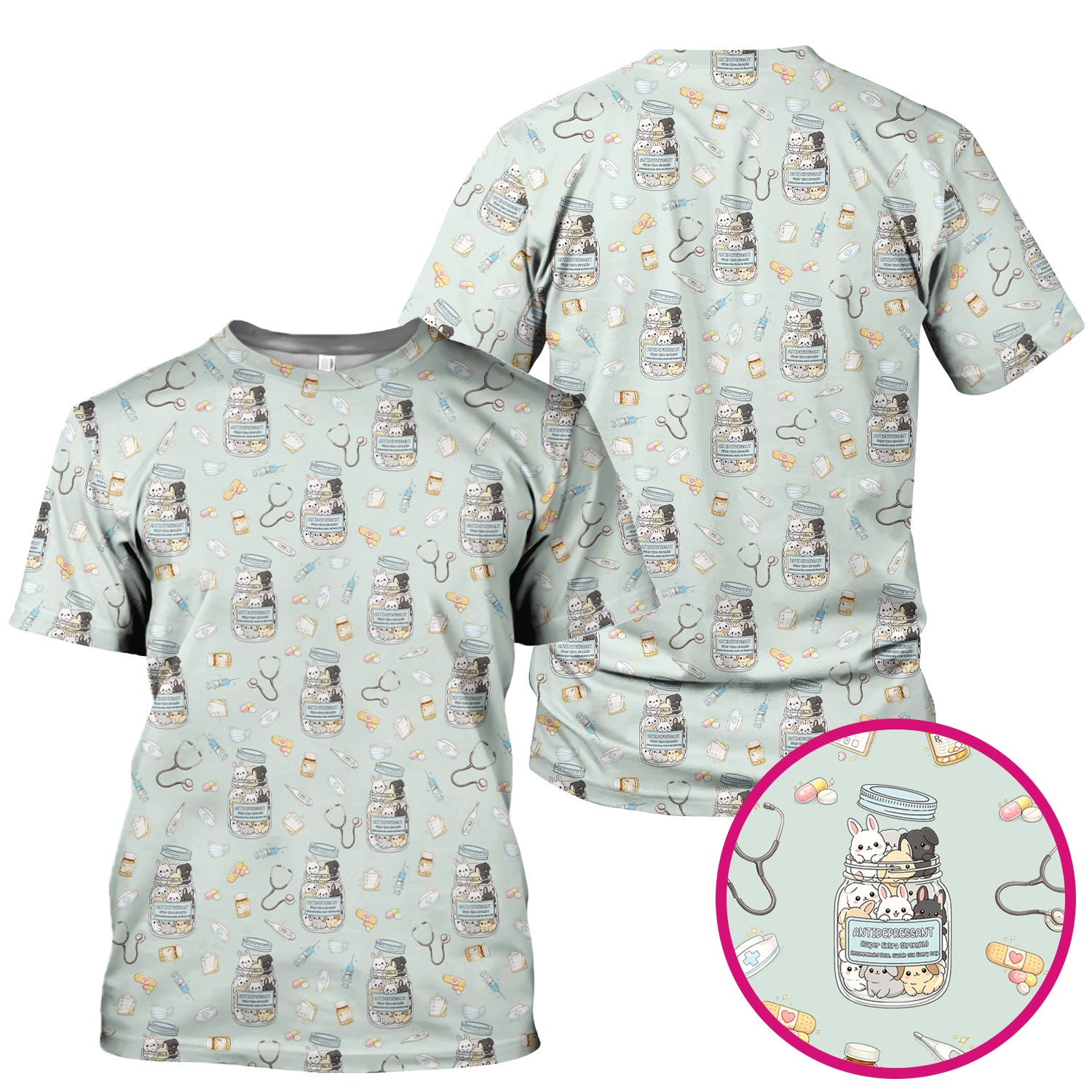 Whimsical Antidepressant Rabbit Jar Design Nurse Scrub Top, Soft & Breathable Workwear