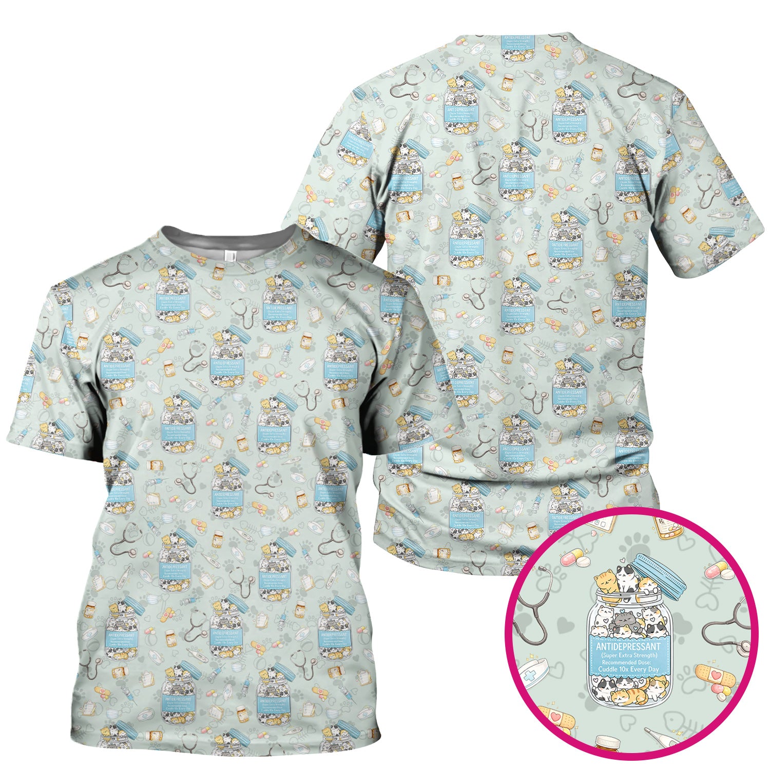 Cute Antidepressant Cat Jar Print Nurse Scrub Top, Breathable Fabrics Nursing Uniform