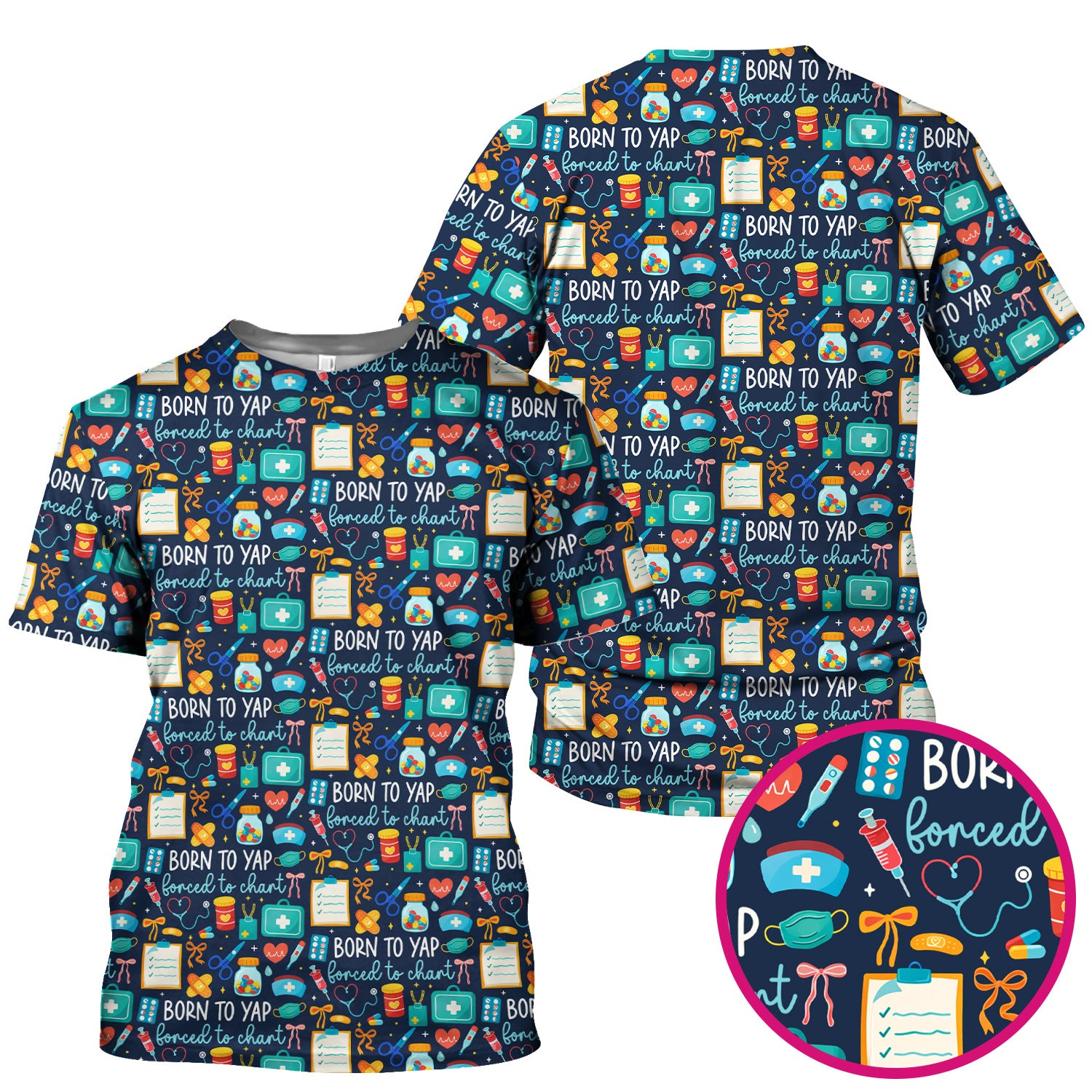 Born To Yap Medical Tools Pattern Scrub Top, Comfortable Scrubs for Nurses