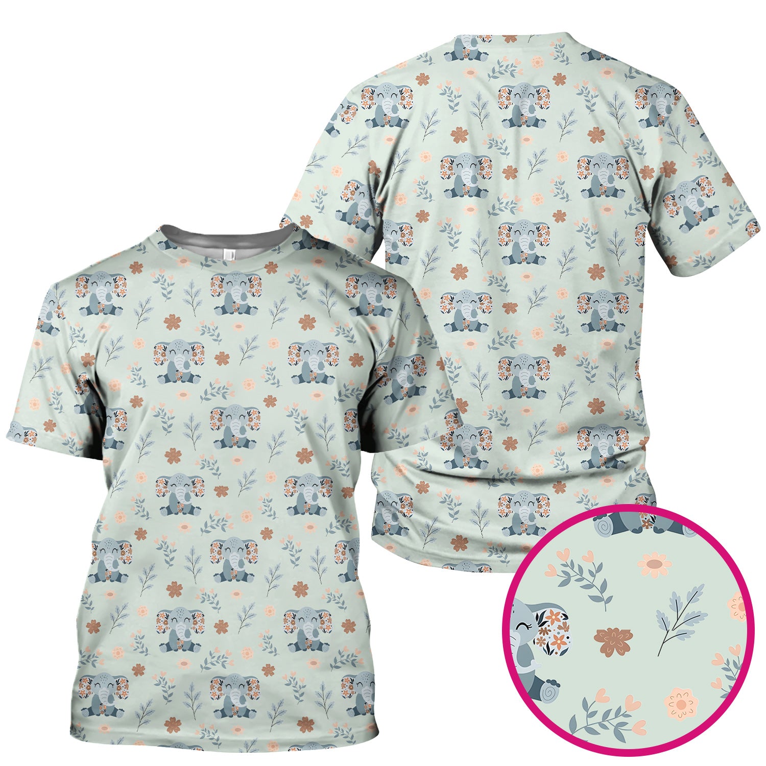Cute Elephant Floral Print Scrub Top, Comfortable Scrubs for Nurses
