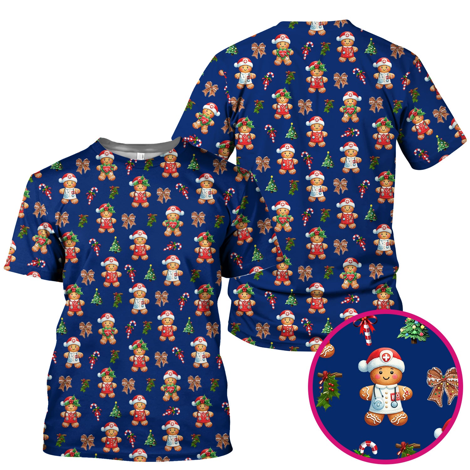 Funny Christmas Scrub Top for Nurse - Adorable Gingerbread Candy Cane Bow- Festive Medical Uniform for Women