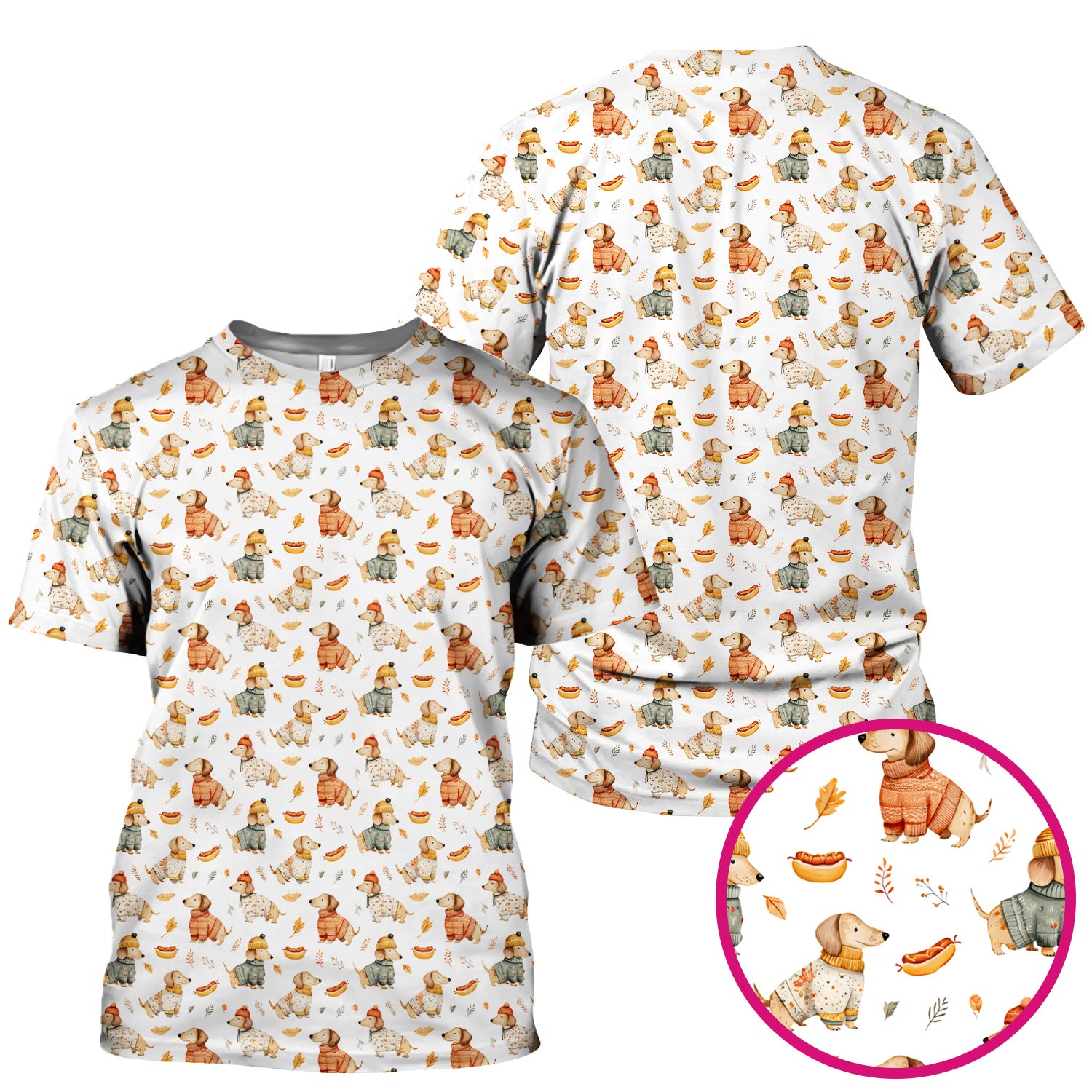 Autumn Dachshund Dog Sweater Print Scrub Top, Comfortable Scrubs for Nurses