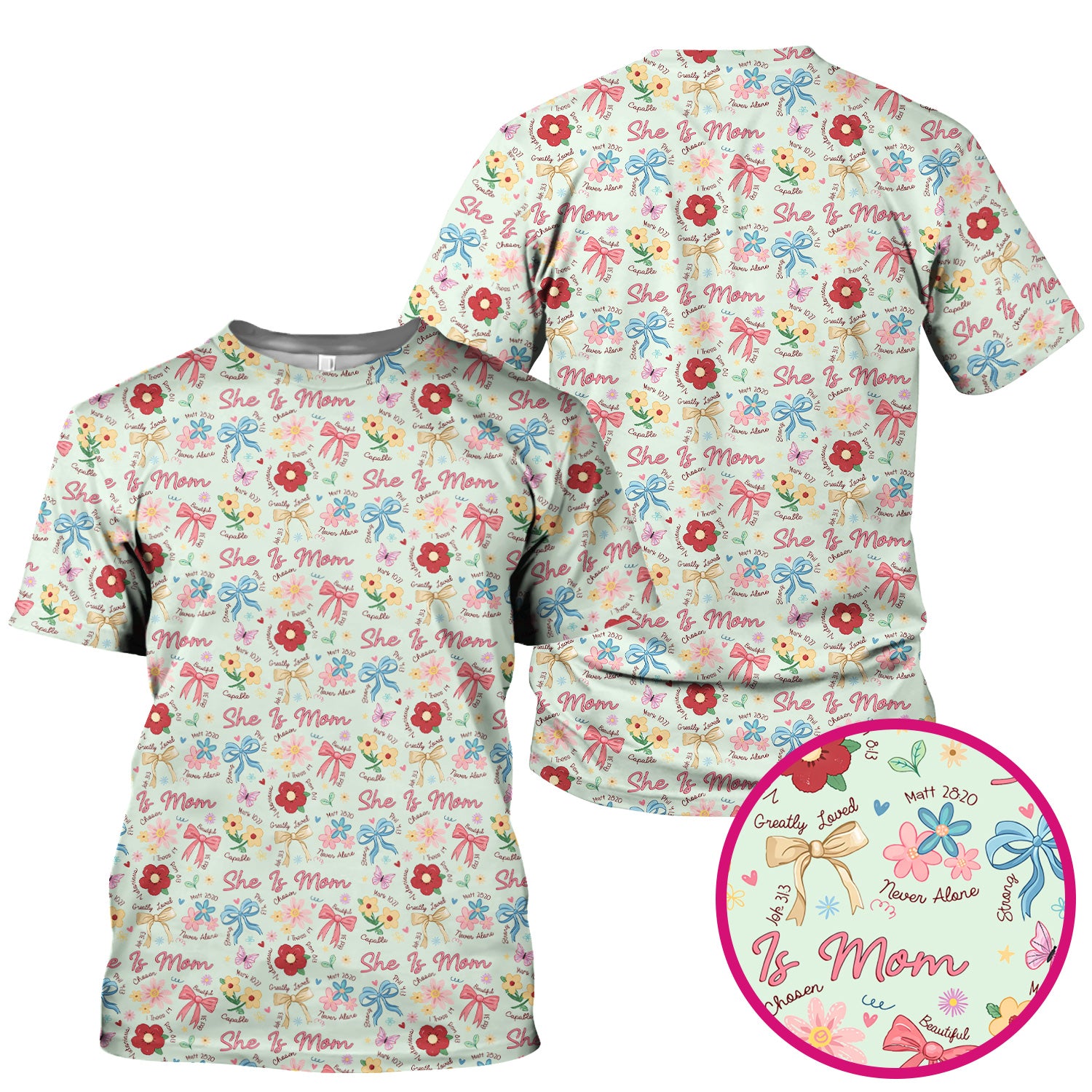 She Is Mom Floral Bow Pattern Scrub Top, Comfortable Scrubs for Nurses