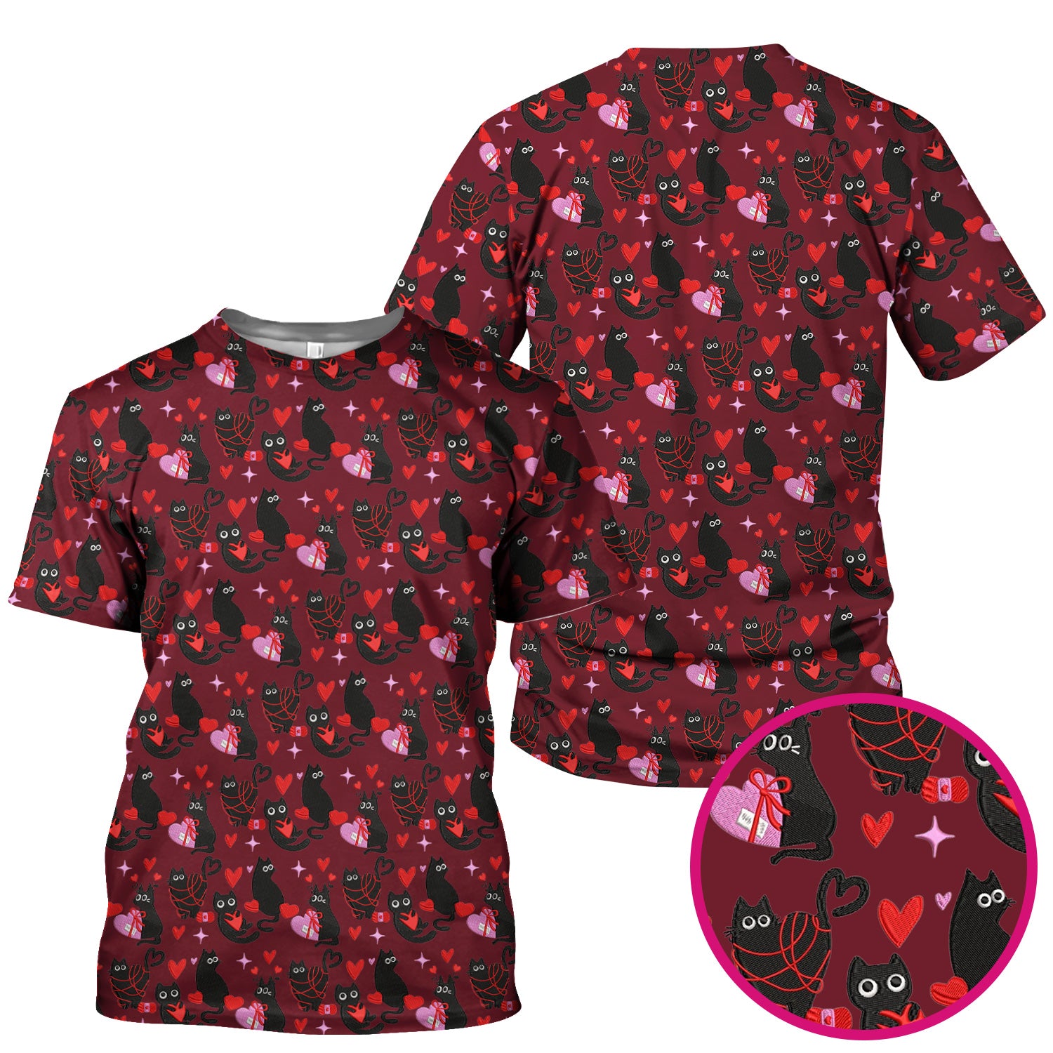 Valentine’s Day Scrub Top, Cute Black Cat With Heart Pattern Nurse Shirt, Breathable Fabrics Nursing Uniform