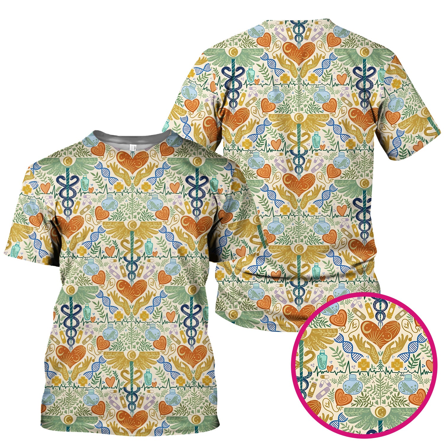 Inspirational Botanical Medical Caduceus Heart Nurse Pattern Scrub Top, Breathable Fabrics Nursing Uniform