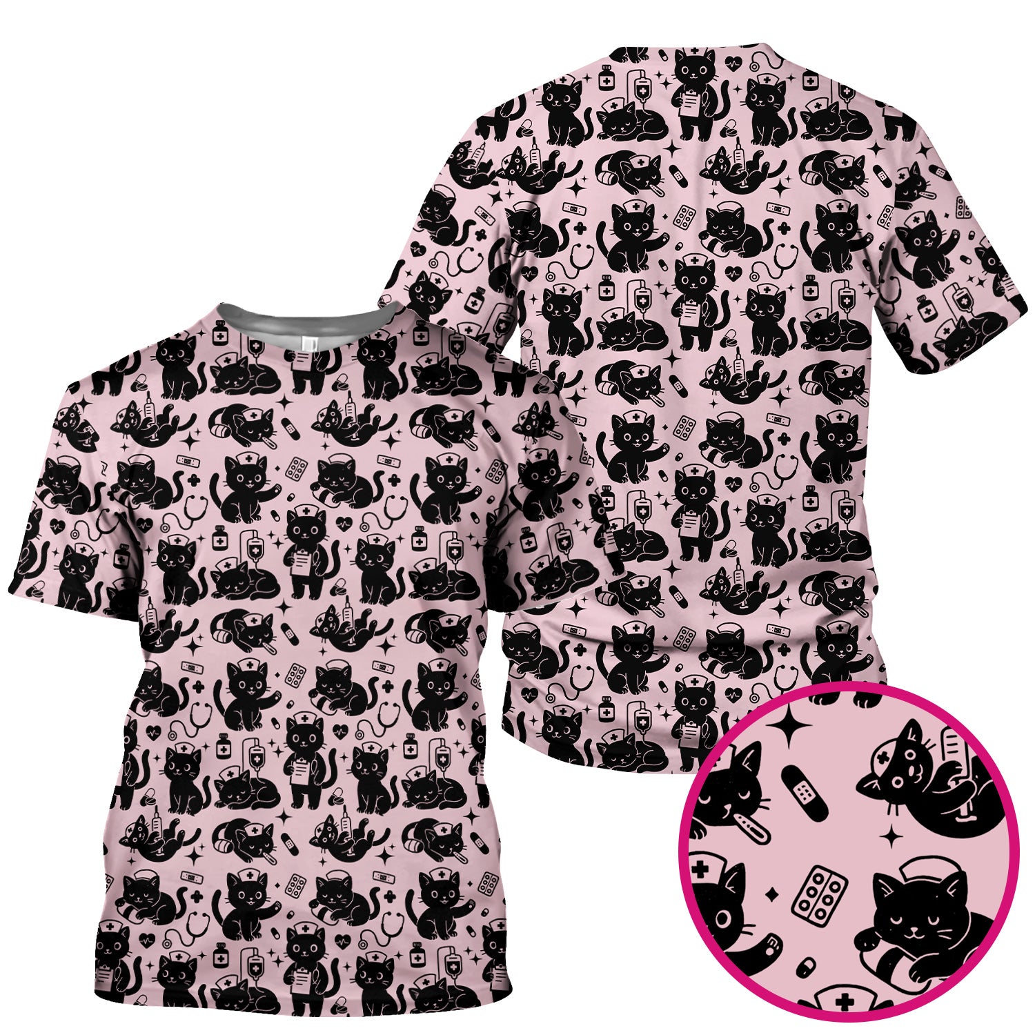Cute Black Cat Nurse Pattern Scrub Top, Breathable Fabrics Nursing Uniform