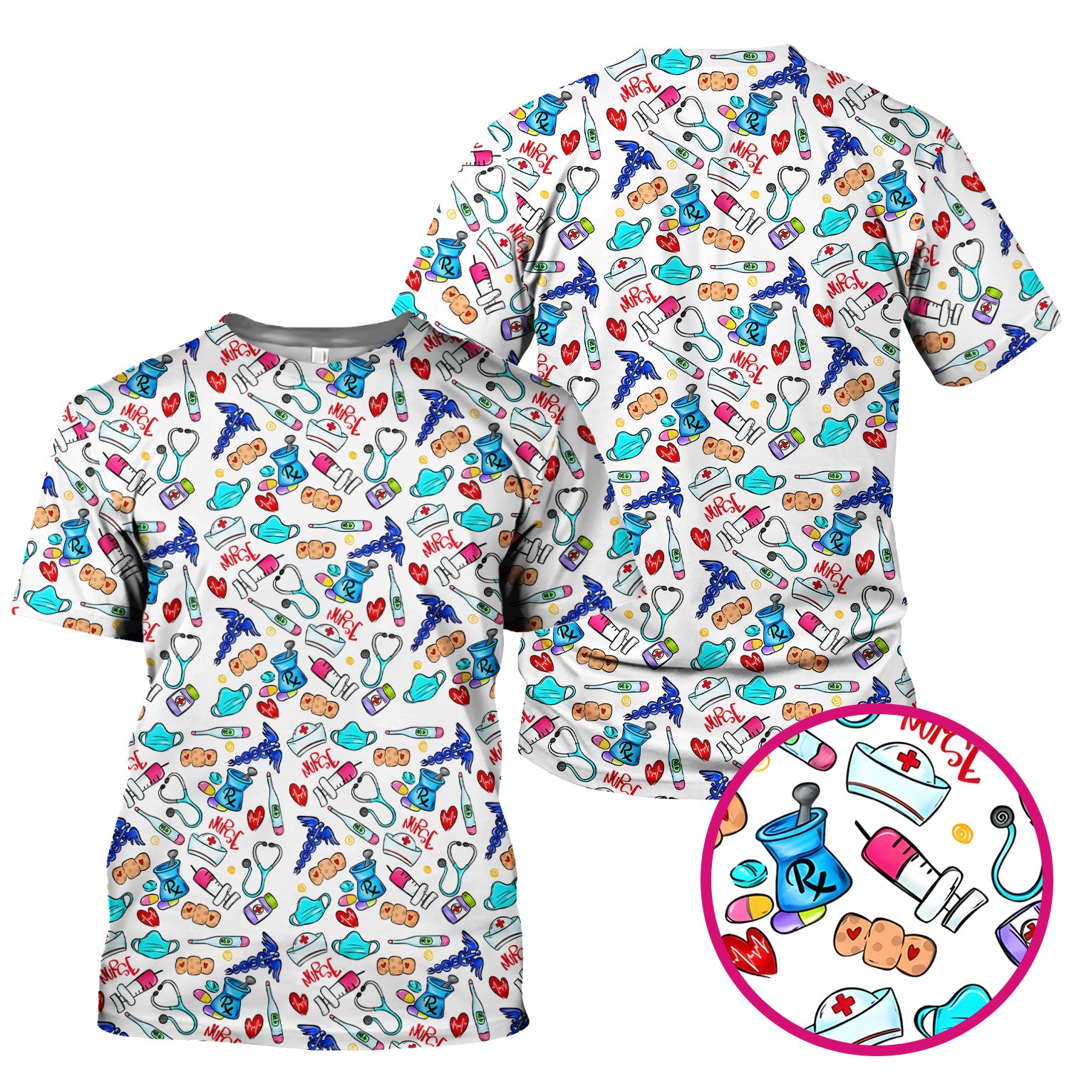 Nurse Medical Icons Stethoscope Heart Pattern Scrub Top, Comfortable Scrubs for Nurses