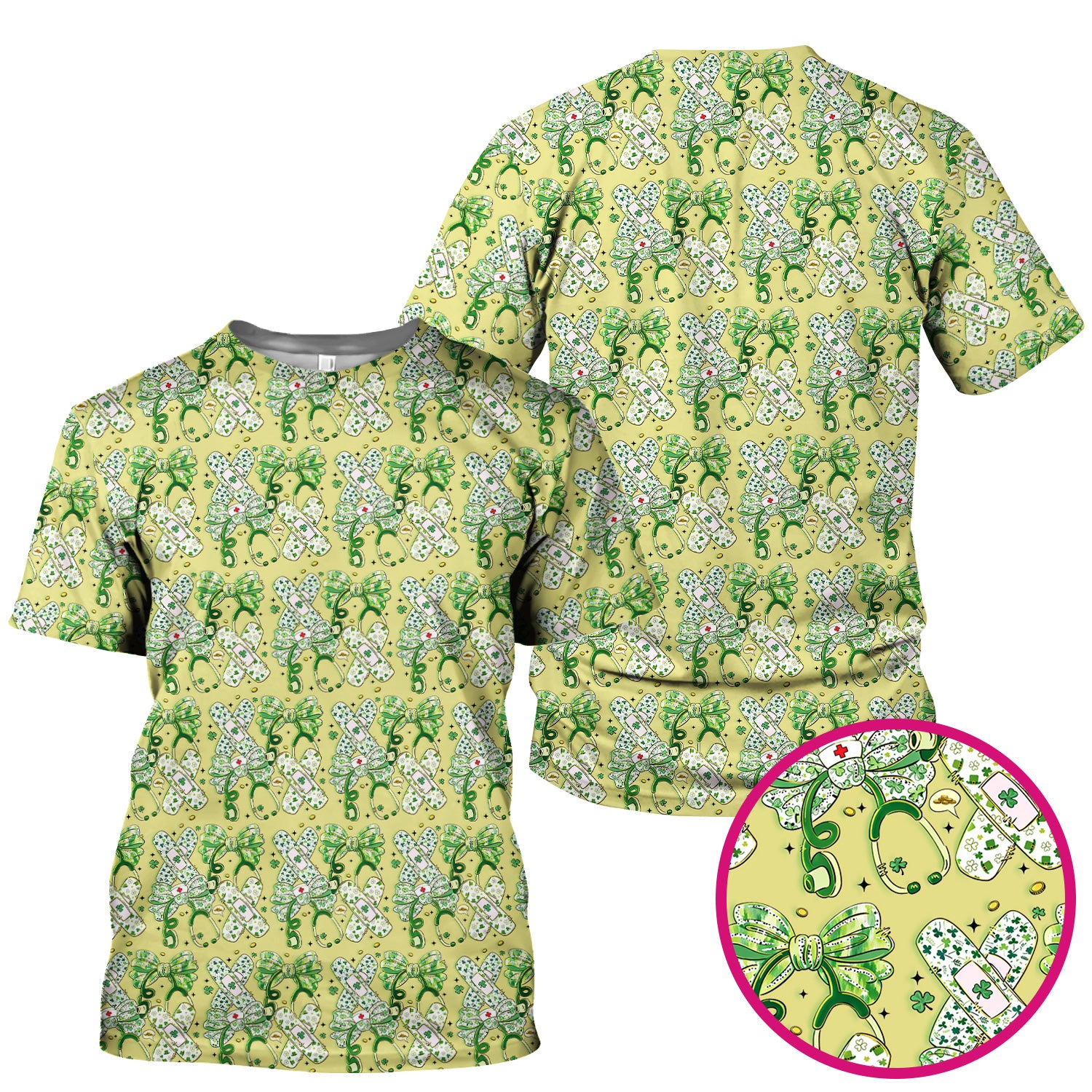 St Patrick Shamrock Stethoscope Bow Print Scrub Top, Breathable Fabrics Nursing Uniform