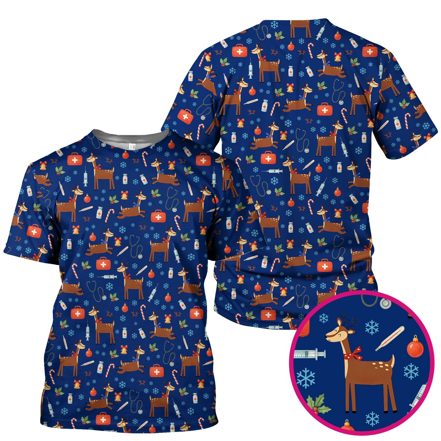 Christmas Reindeer Scrub Top for Nurses - Cute Reindeers Snowflakes Candy Canes Shirt - Comfortable Med Uniform