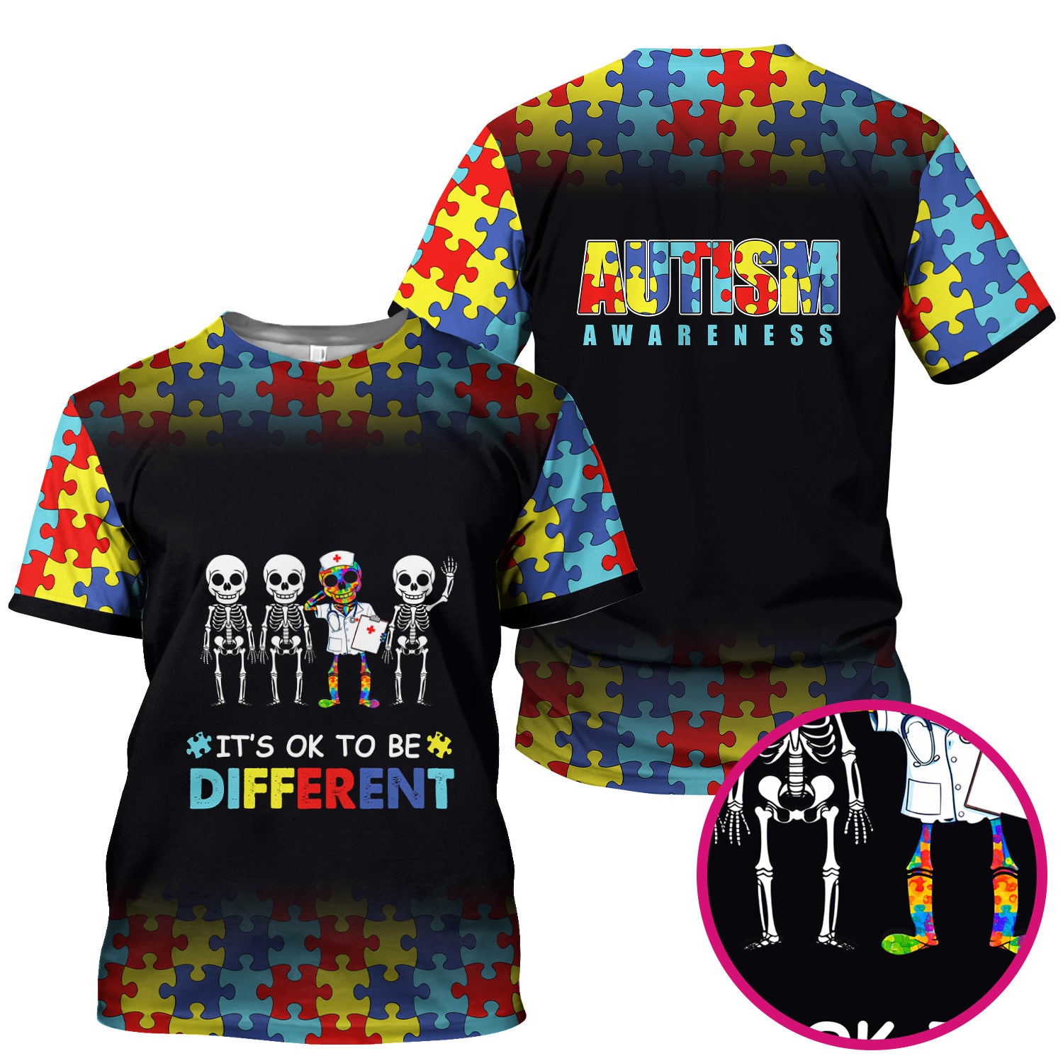 Autism Puzzle Skeleton Nurse It's OK to Be Different Scrub Top, Comfortable Scrubs for Nurses