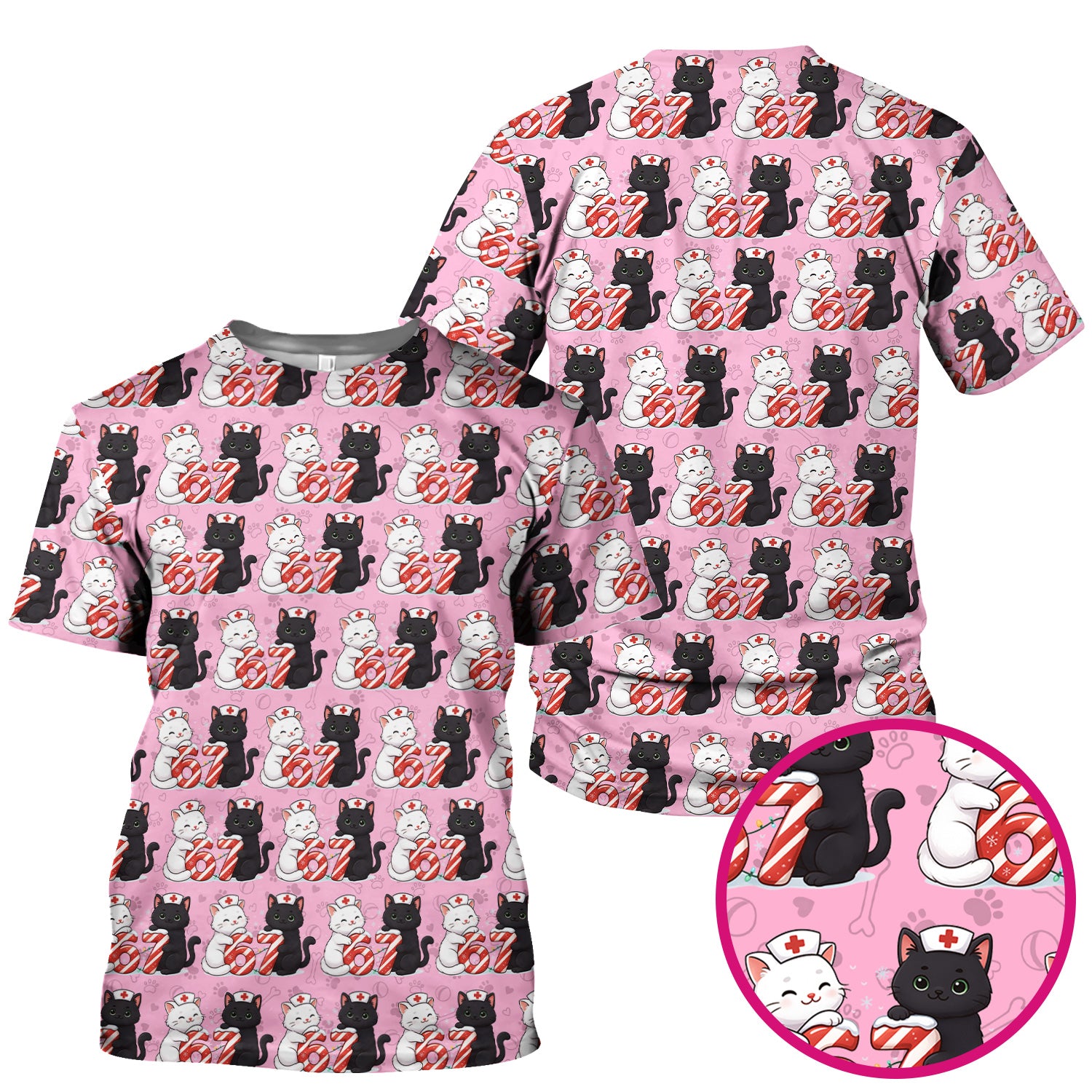Xmas Cat Pattern Scrub Top, Christmas Nurse Six Seven With Cat Scrub Shirt, Breathable Fabrics Nursing Uniform