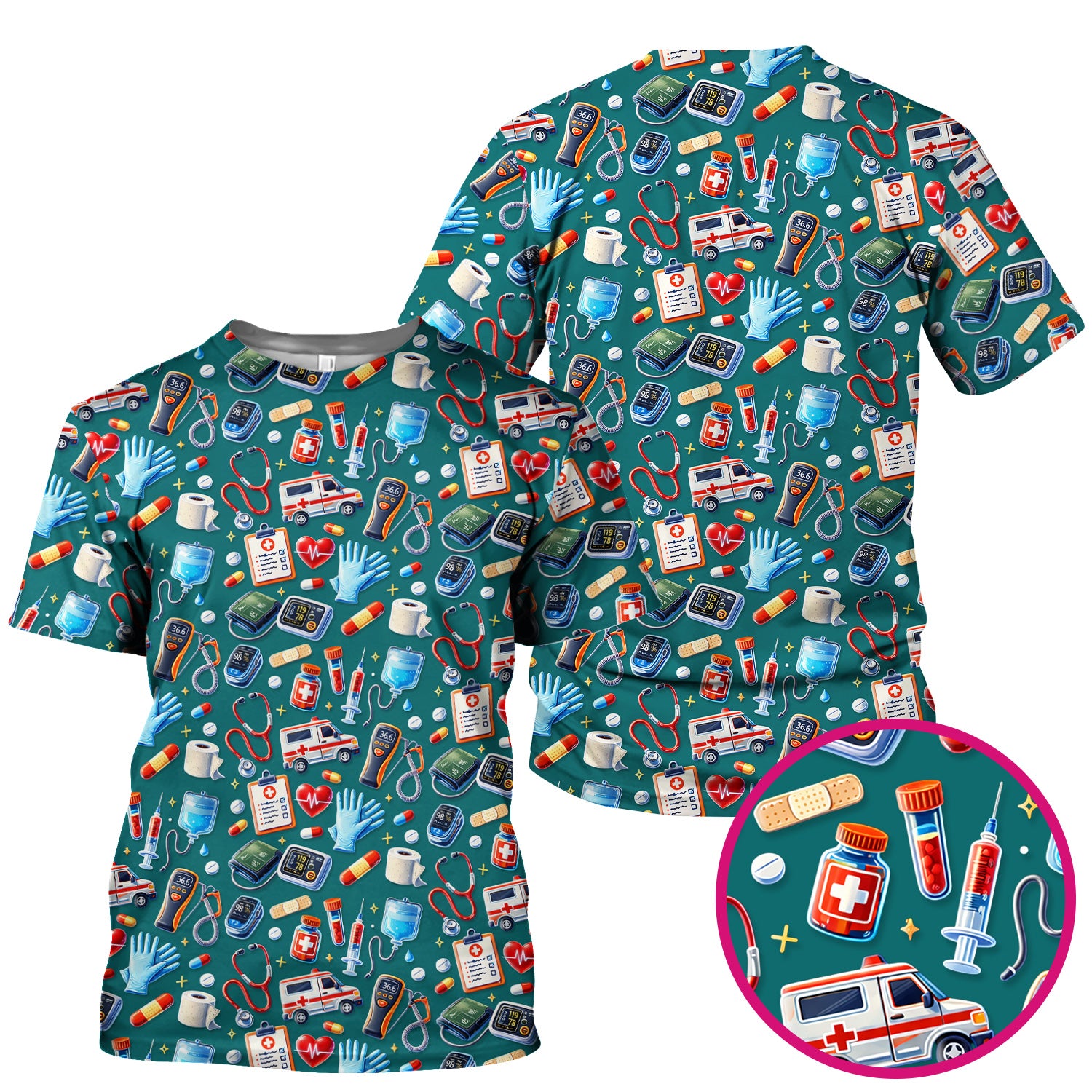 Medical Tools Pattern Ambulance Stethoscope Scrub Top, Comfortable Scrubs for Nurses