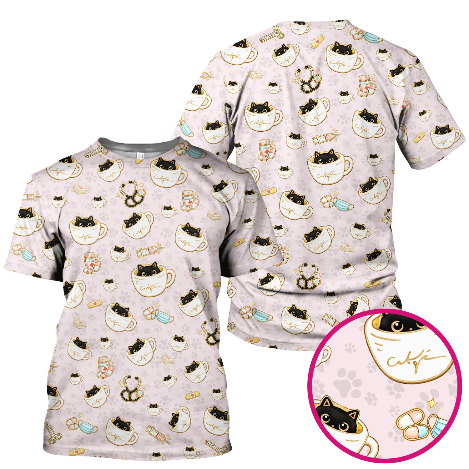 Cute Coffee Cat Medical Print Scrub Top, Breathable Fabrics Nursing Uniform