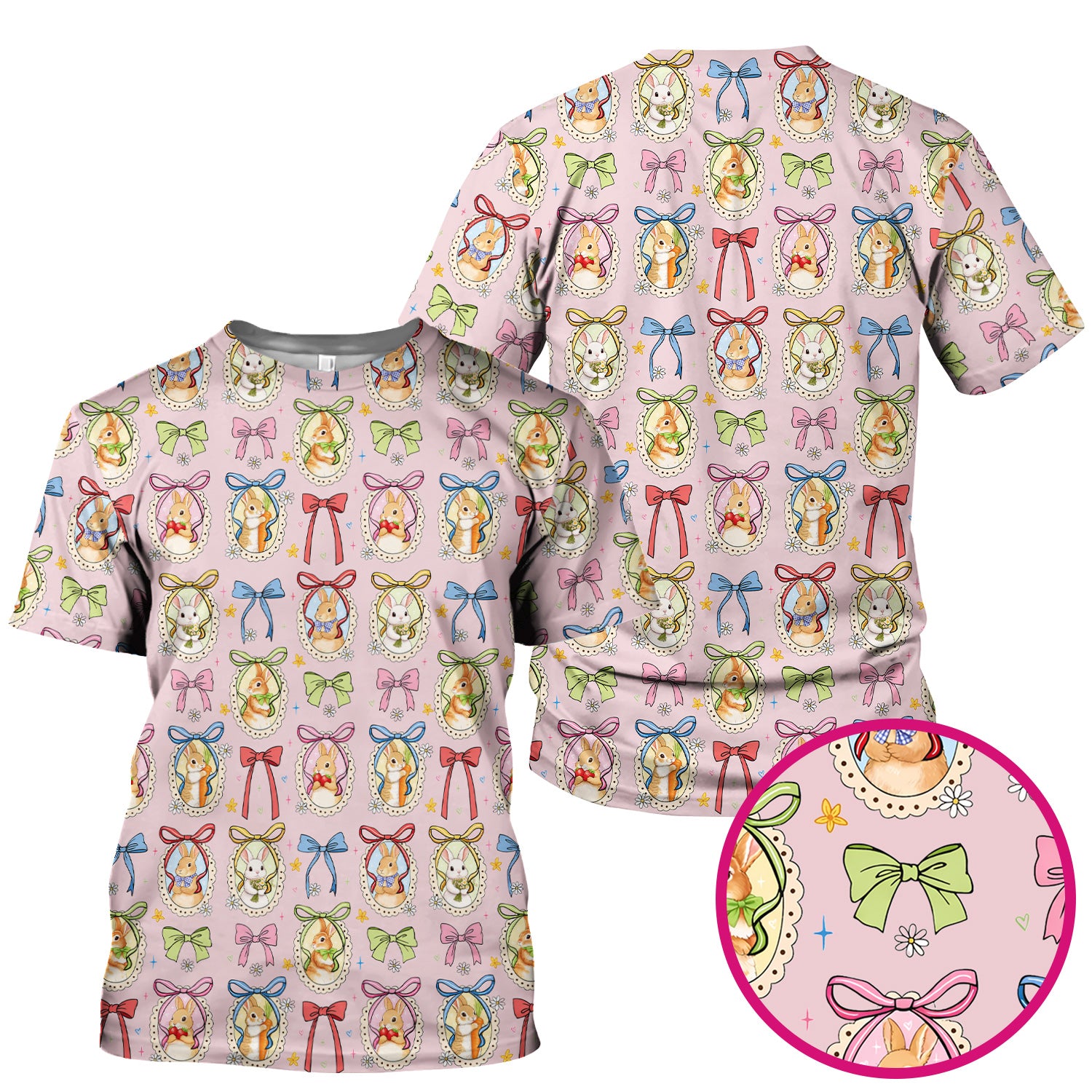 Cute Easter Bunny Cameo Colorful Bow Pattern Scrub Top, Breathable Fabrics Nursing Uniform