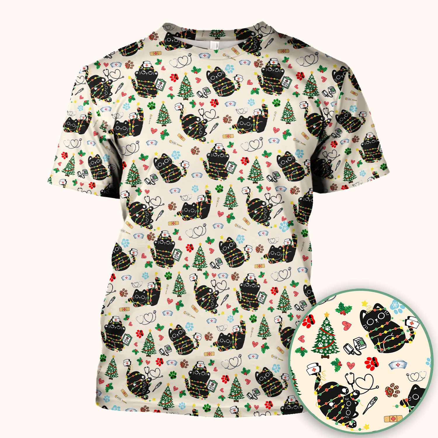 Funny Black Cat Christmas Scrub Top – Cute Holiday Kitty Pattern – Festive Medical Uniform for Nurses, Vets, and Cat Lovers