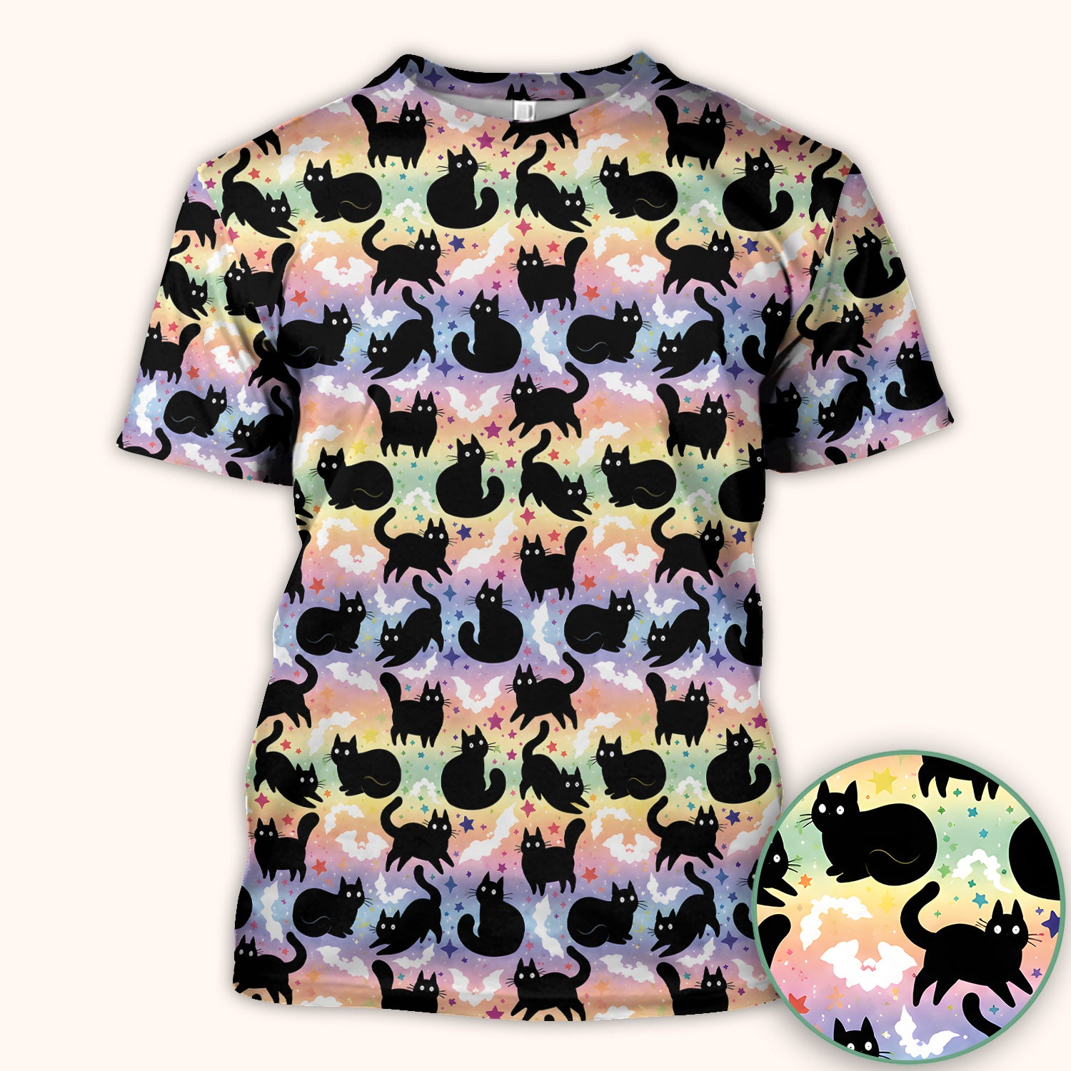 Pastel Star Black Cat Pattern Scrub Top for RN, CNA, Cat Lover Uniform