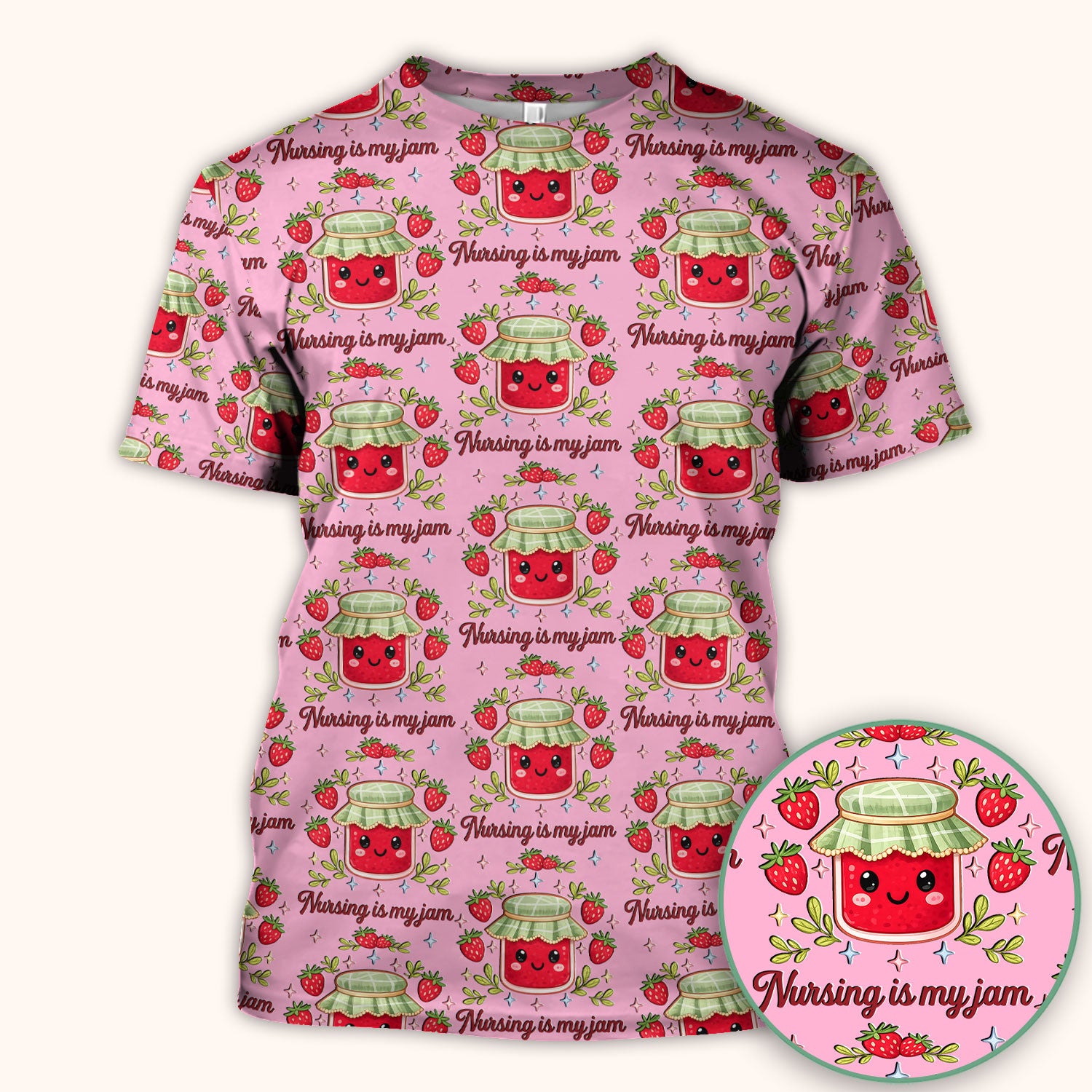 Cute Strawberry Jam Nurse Pattern Scrub Top, Breathable Fabrics Nursing Uniform