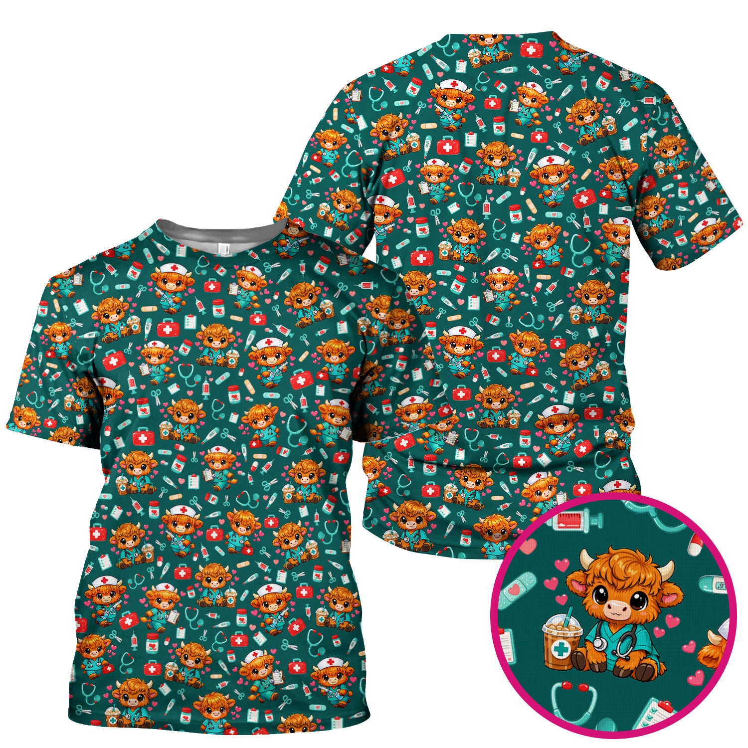 Cute Highland Cow Nurse Scrub Top, Kawaii Medical Pattern Shirt, Breathable Fabrics Nursing Uniform