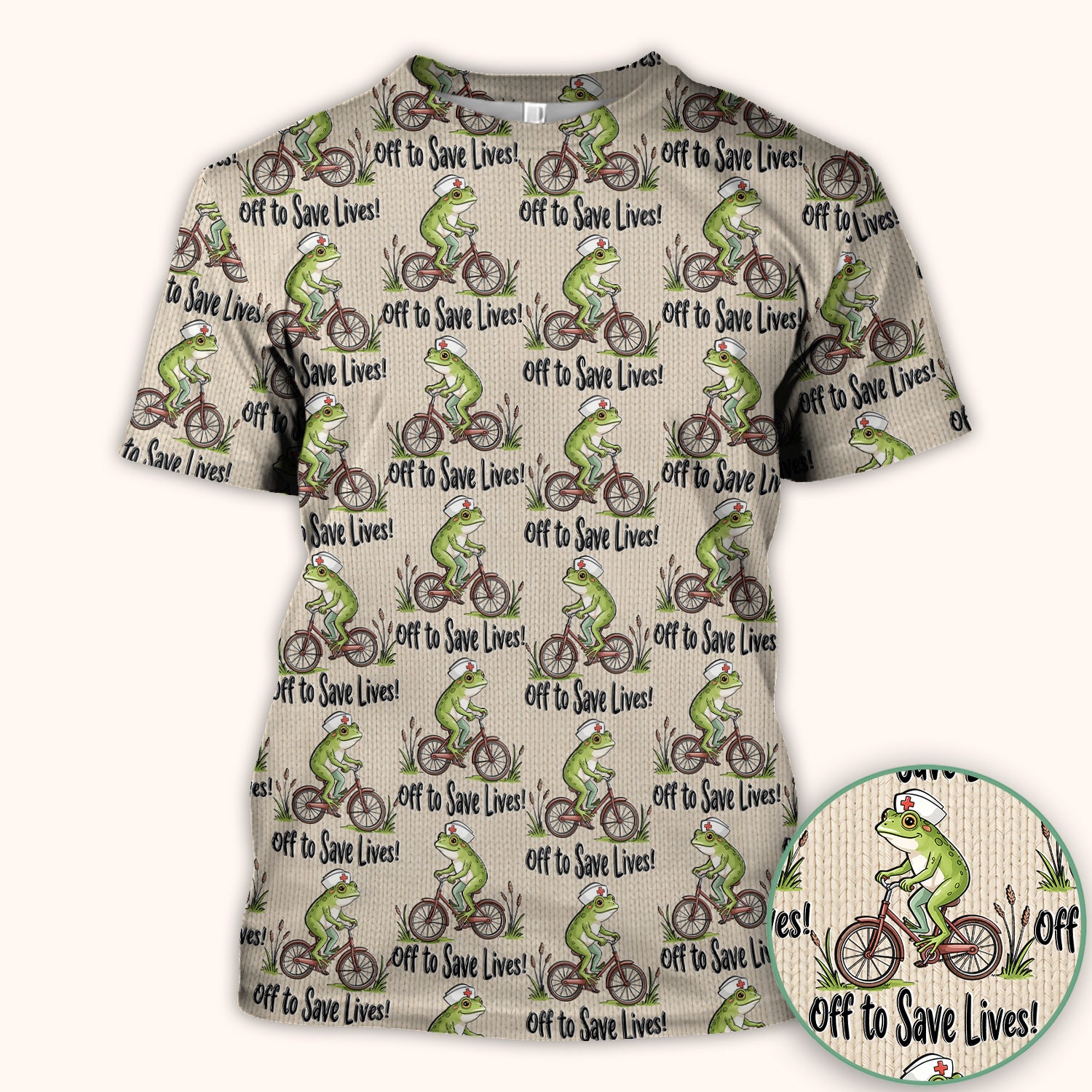 Nurse Frog Riding Bicycle Pattern Scrub Top, Breathable Fabrics Nursing Uniform Scrub Top, Comfortable Scrubs for Nurses