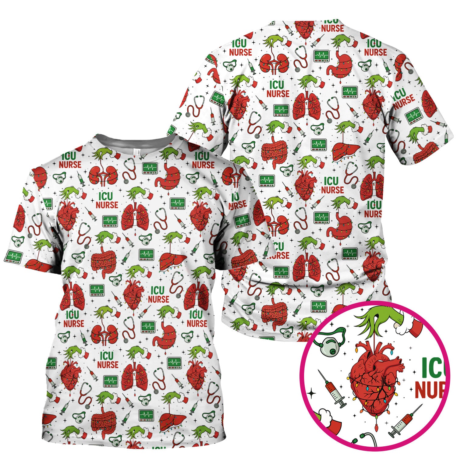 Christmas ICU Nurse Scrub Top - Funny Heart Anatomy Pattern - Holiday Nursing Shirt Gift for RN LPN CNA