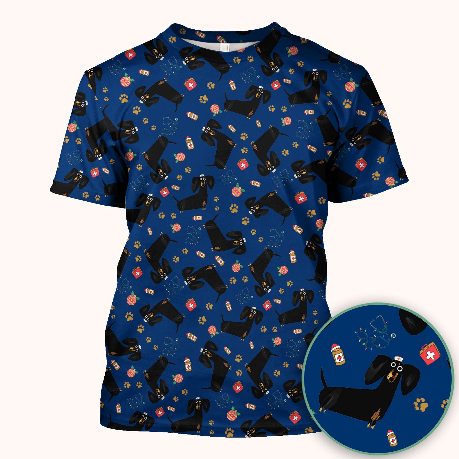 Funny Wiener Dog Scrub Top for Nurses - Cute Black Dachshund Medical Shirt - Dog Lover Nursing Uniform Gift for Women