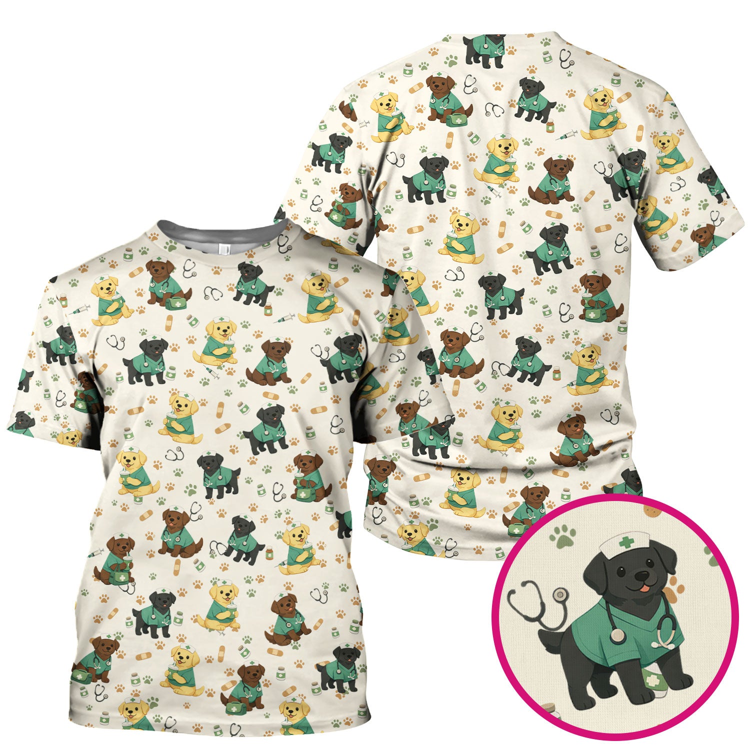 Labrador Retriever Nurse Scrub Top, Cute Medical Dog Pattern Nurses Shirt, Breathable Fabrics Nursing Uniform