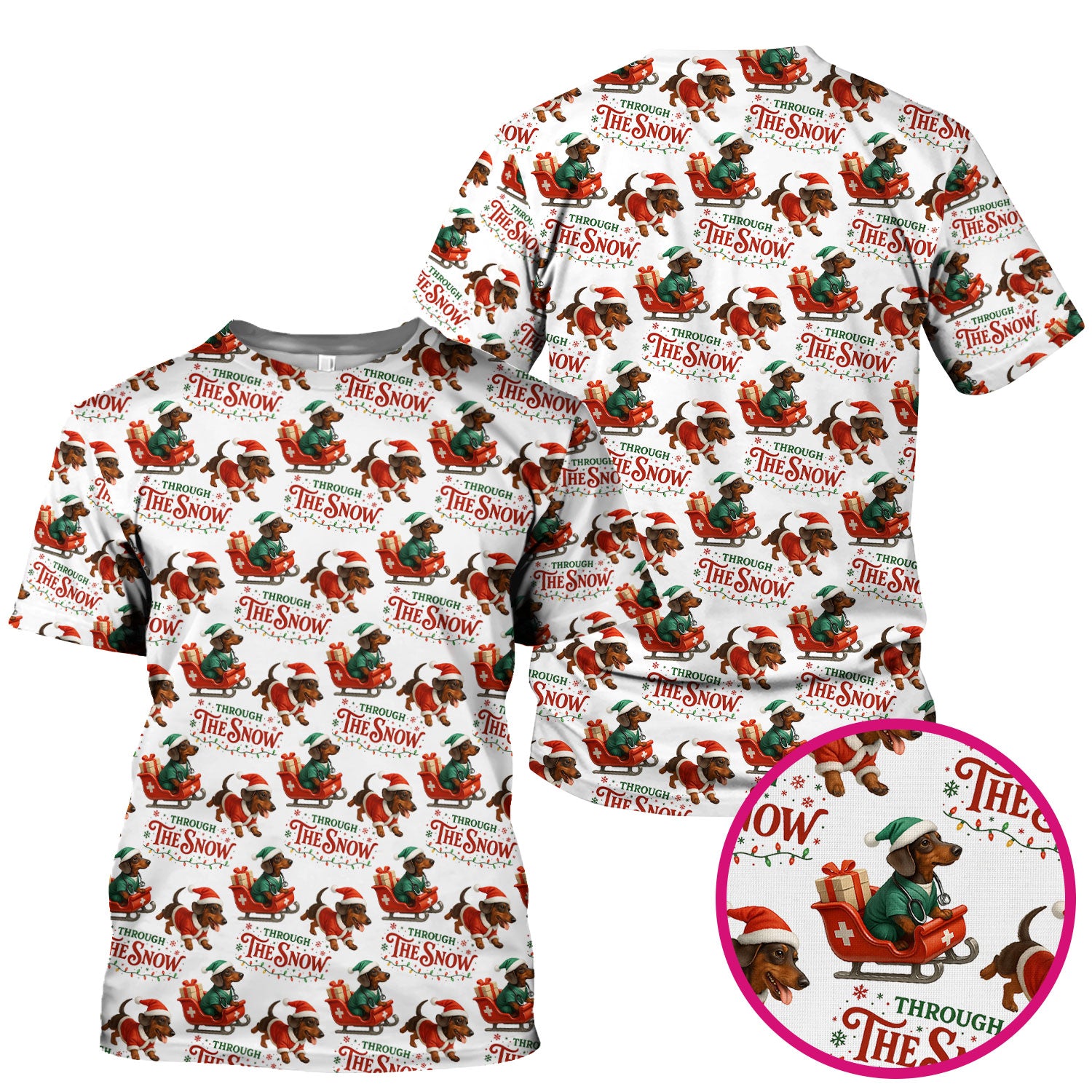 Dachshund Christmas Scrub Top, Cute Dog Nurse Scrub Shirt, Through The Snow Pattern Nursing Uniform