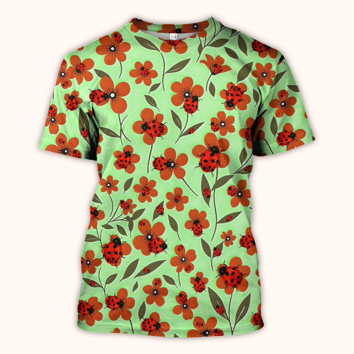 Ladybug on Orange Floral Garden Pattern Scrub Top, Comfortable Scrubs for Nurses