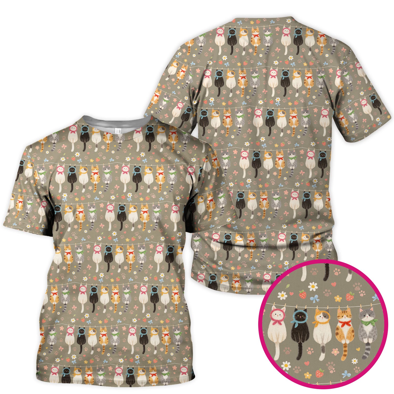 Cute Cat Clothesline Pattern Scrub Top, Comfortable Scrubs for Nurses