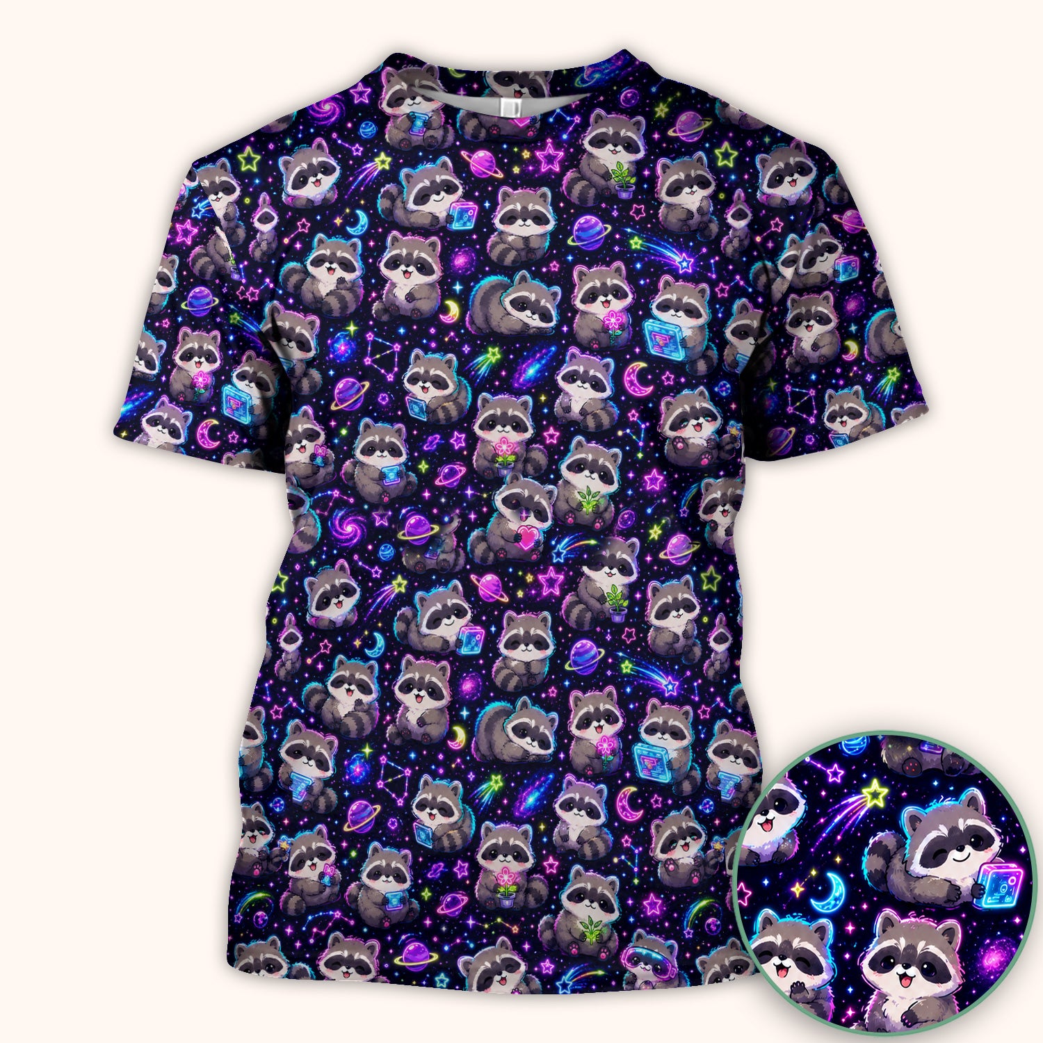 Neon Galaxy Raccoon Space Pattern Scrub Top, Comfortable Scrubs for Nurses
