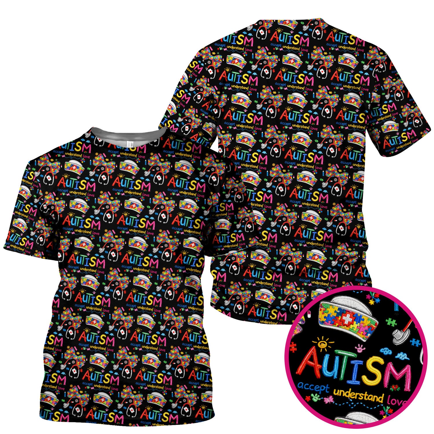 Autism Awareness Pattern Nurse Scrub Top, Accept Understand Love Puzzle Nurses Shirt, Breathable Fabrics Nursing Uniform