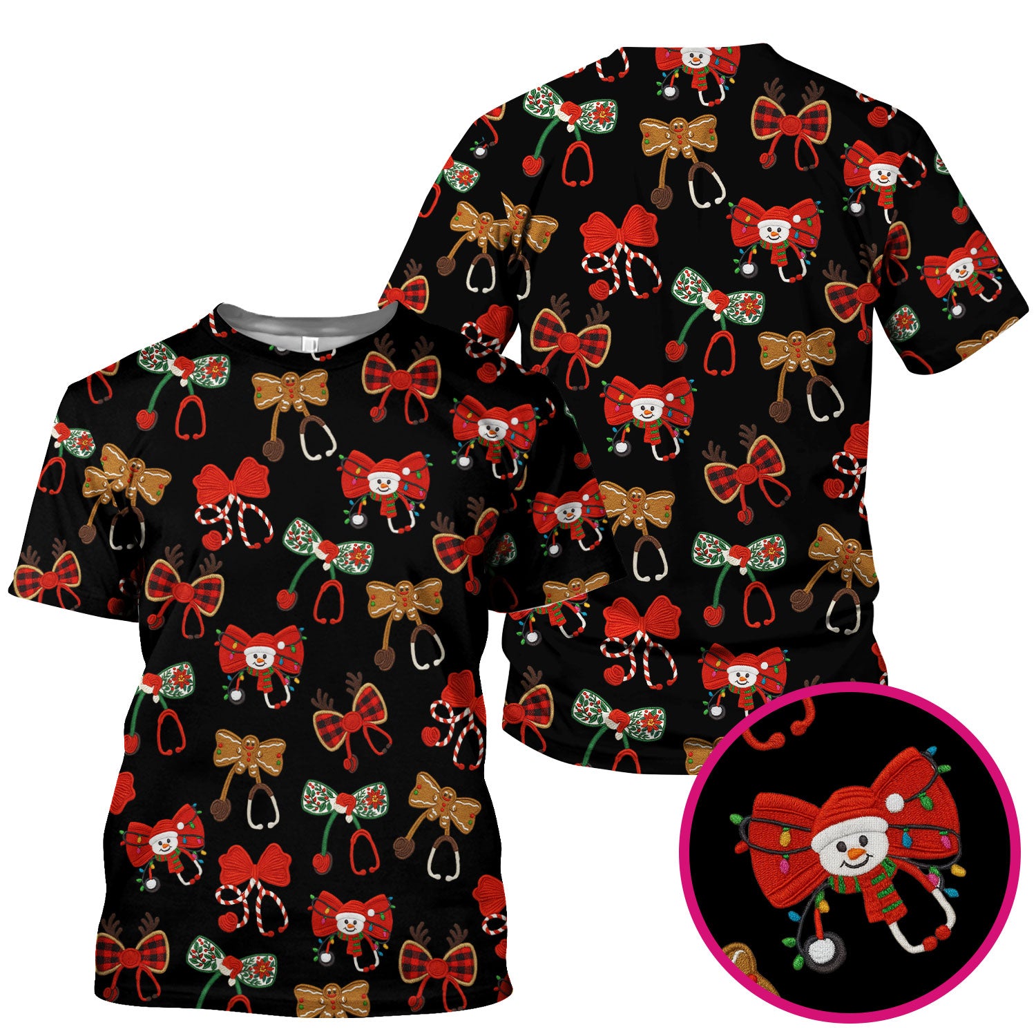 Christmas Stethoscope Bow Nurse Scrub Top, Xmas Pattern Scrub Shirt, Holiday Nursing Uniform
