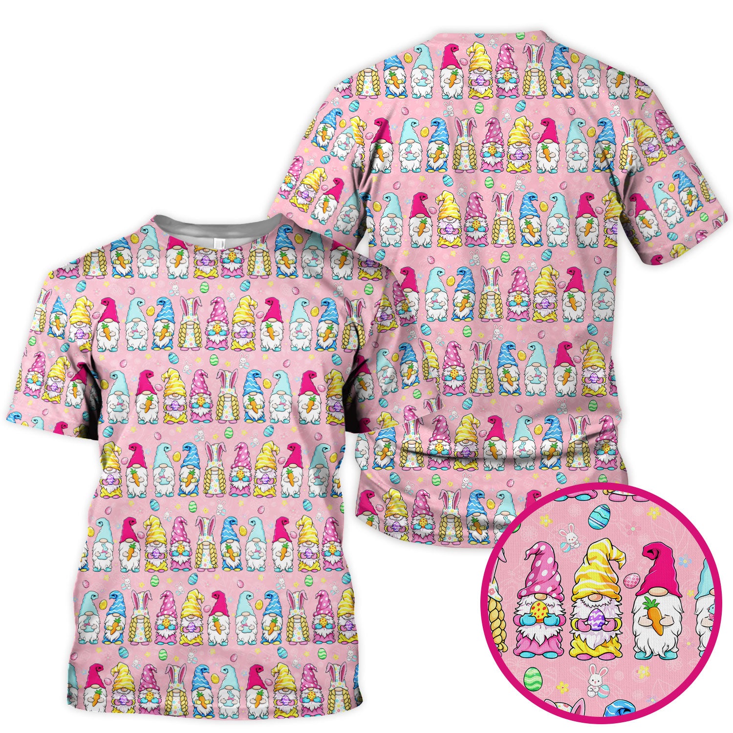 Colorful Easter Gnome Bunny Eggs Print Scrub Top, Comfortable Scrubs for Nurses