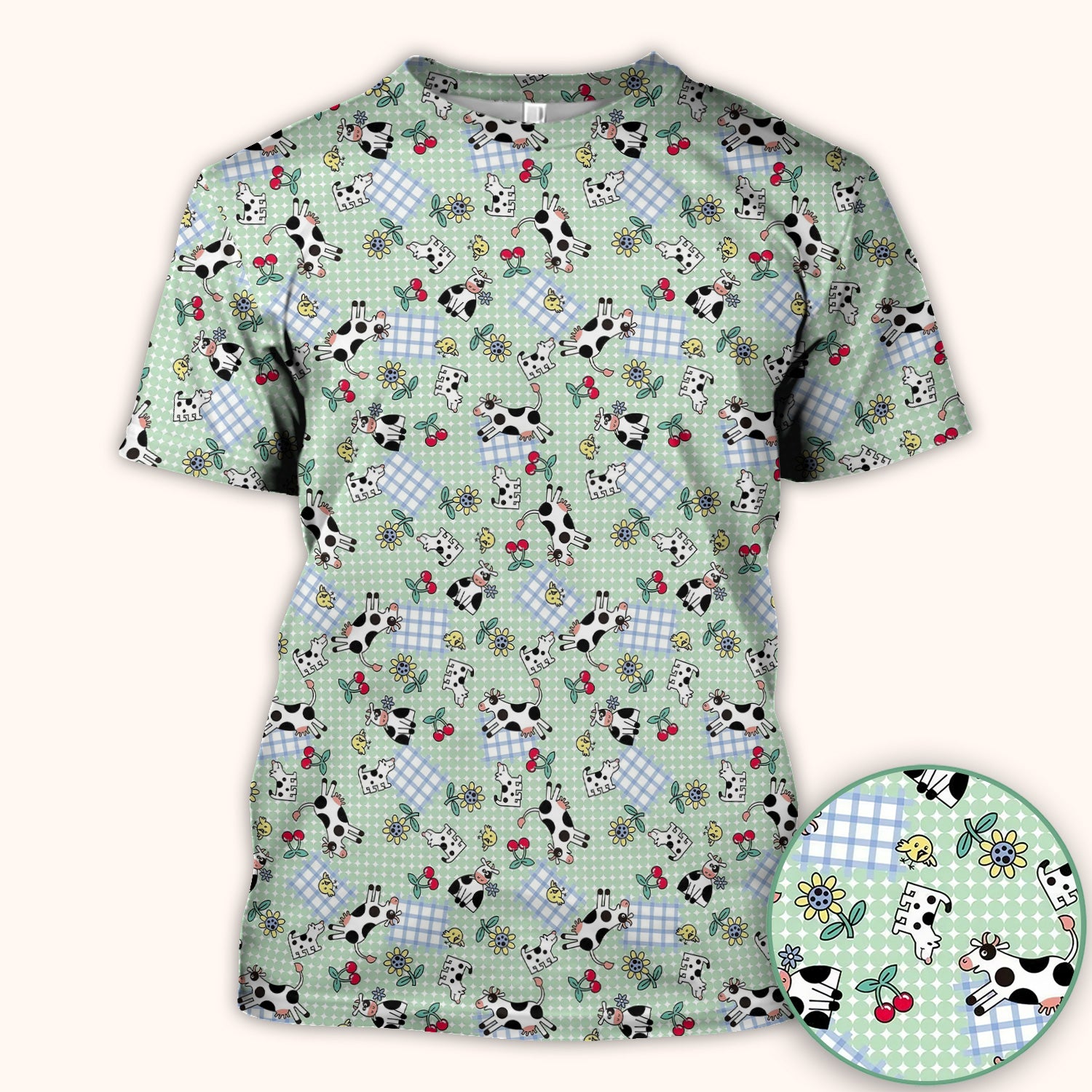 Cute Cow Cherry Farm Garden Pattern Nurse Scrub Top, Comfortable Scrubs for Nurses