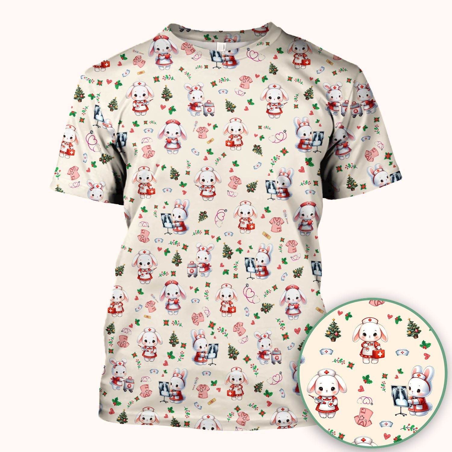 Cute Bunny Scrub Top for Nurse - Adorable Christmas Rabbit Shirt - Funny Holiday Medical Shirt Gift for Women RN LPN CNA